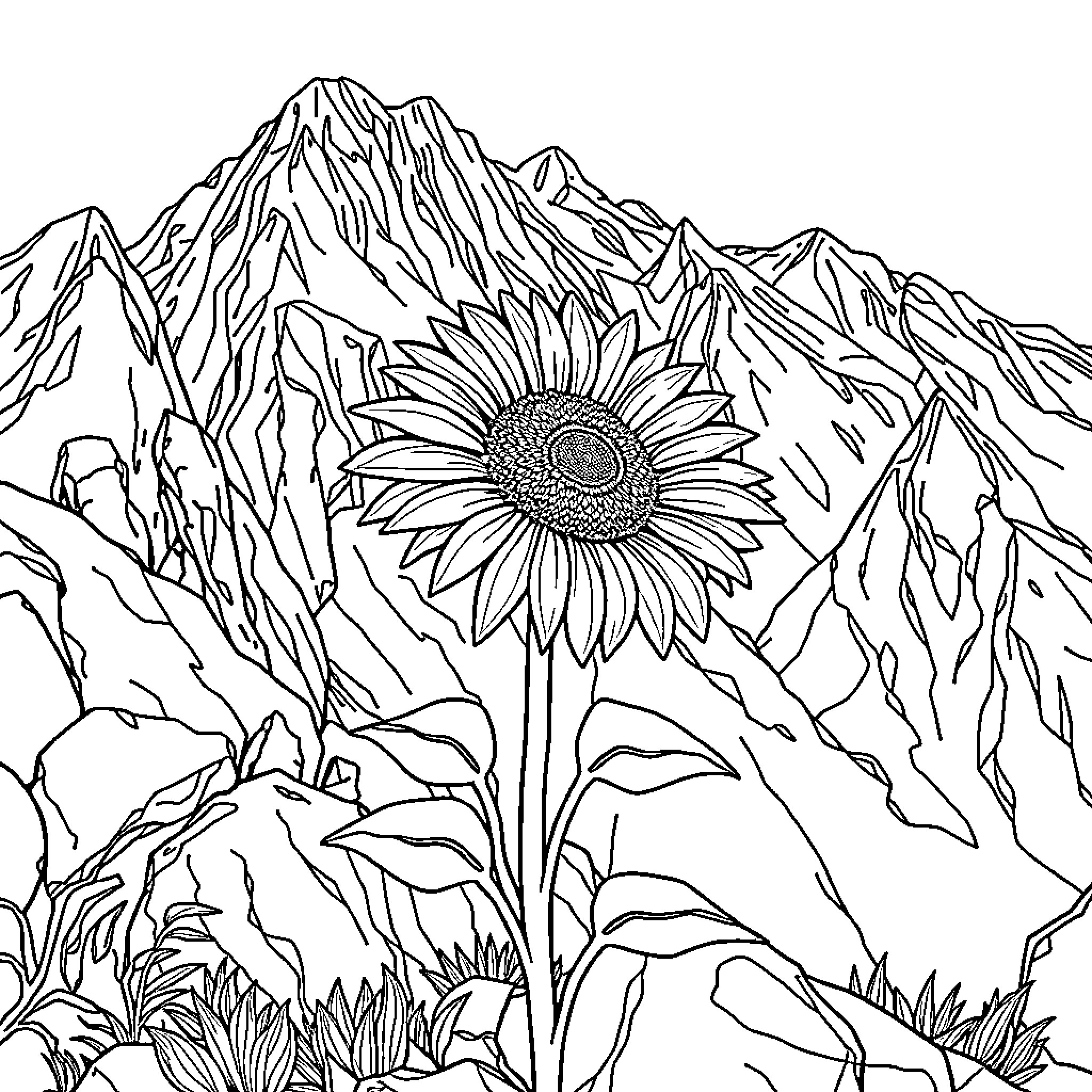 Sunflower blooming in the mountainous landscape Coloring Page (free black-and-white line drawing printable PDF for all, from beginners to advanced learners, including children, teens, adults, and seniors)