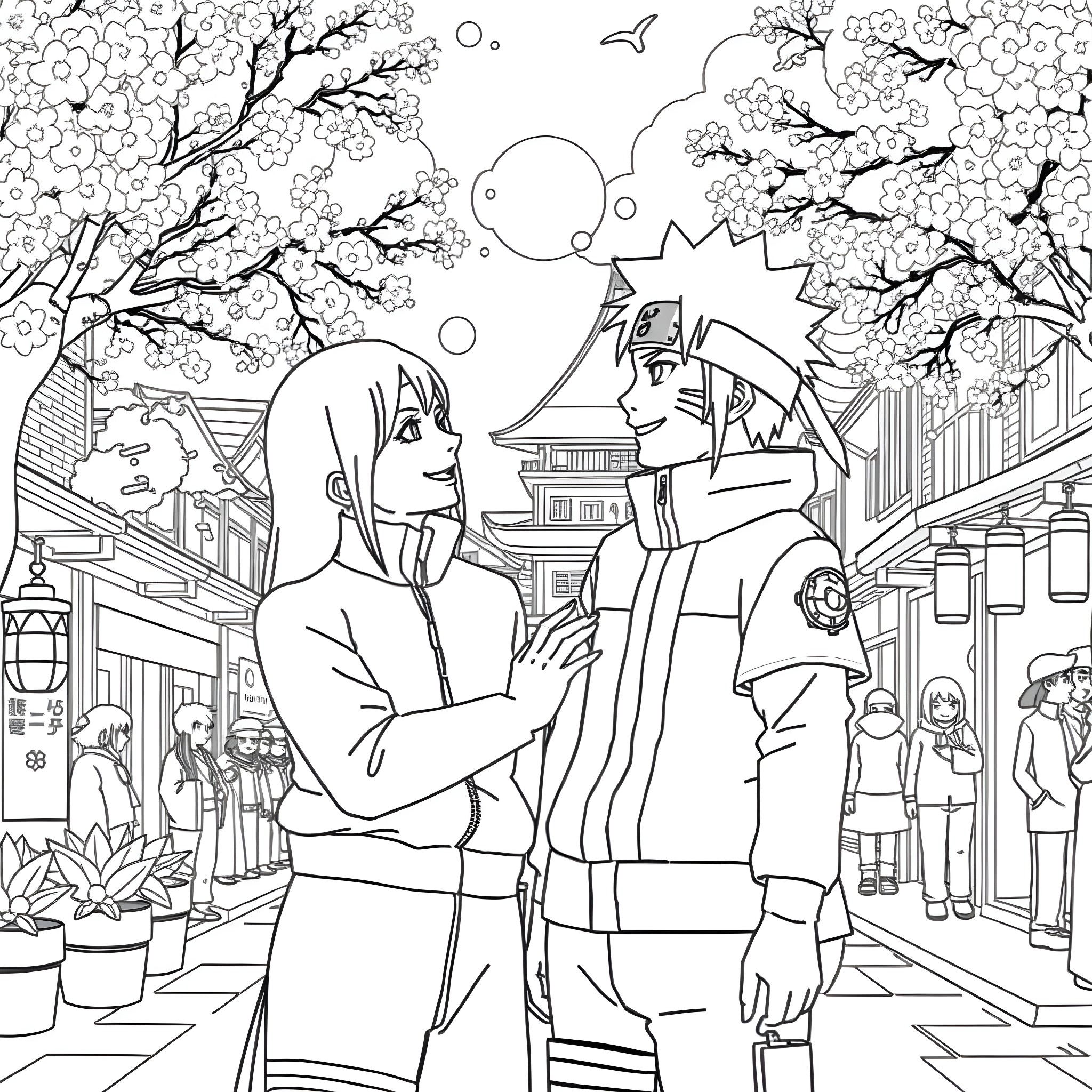 Naruto characters in an animated street scene Coloring Page (free black-and-white line drawing printable PDF for all, from beginners to advanced learners, including children, teens, adults, and seniors)