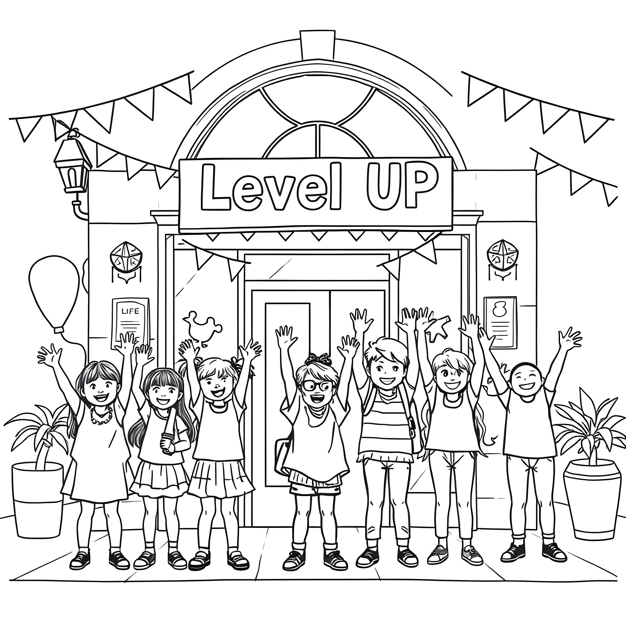 Kid celebrating at Level UP event with friends Coloring Page (free black-and-white line drawing printable PDF for all, from beginners to advanced learners, including children, teens, adults, and seniors)