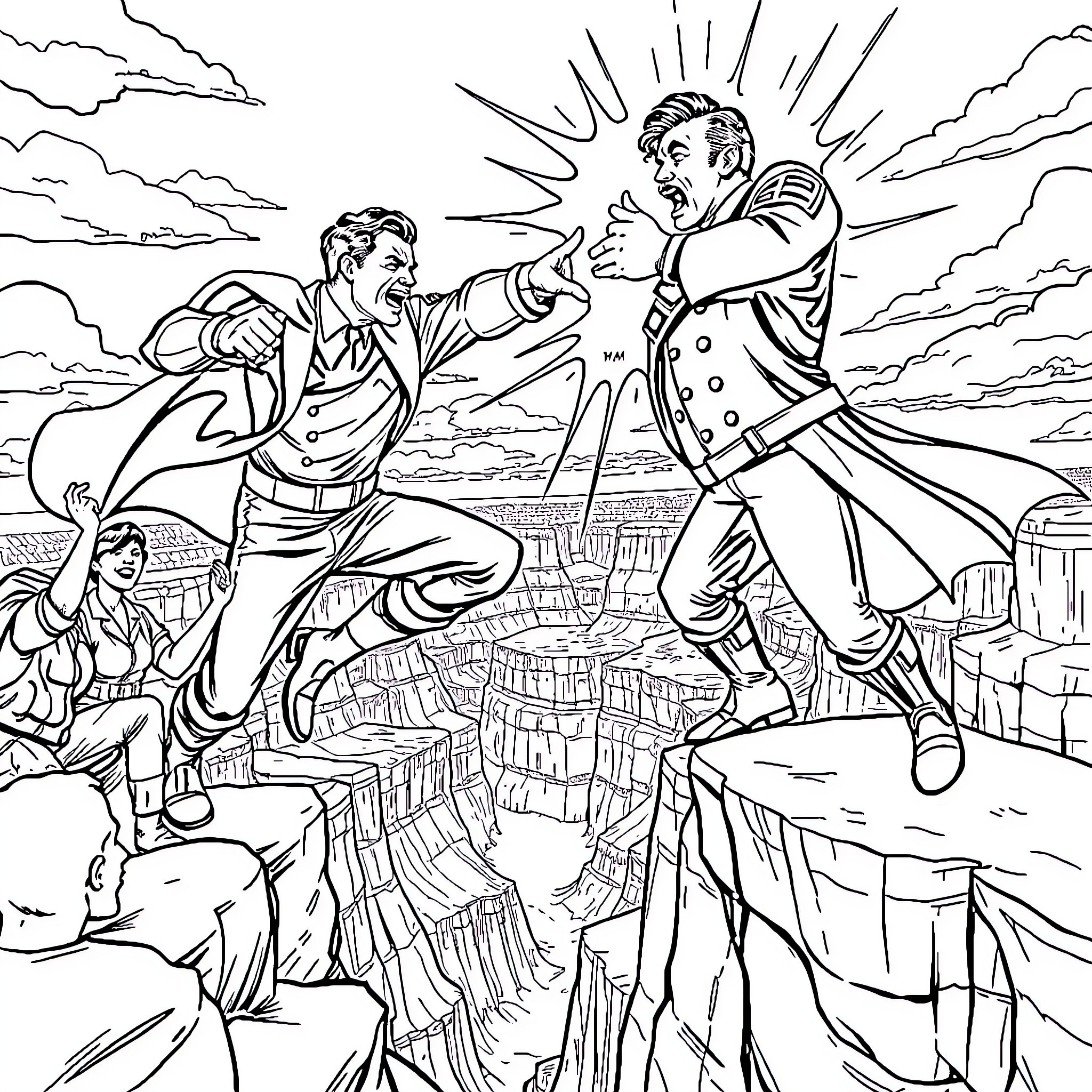 Superhero duo battle in epic confrontation Coloring Page (free black-and-white line drawing printable PDF for all, from beginners to advanced learners, including children, teens, adults, and seniors)