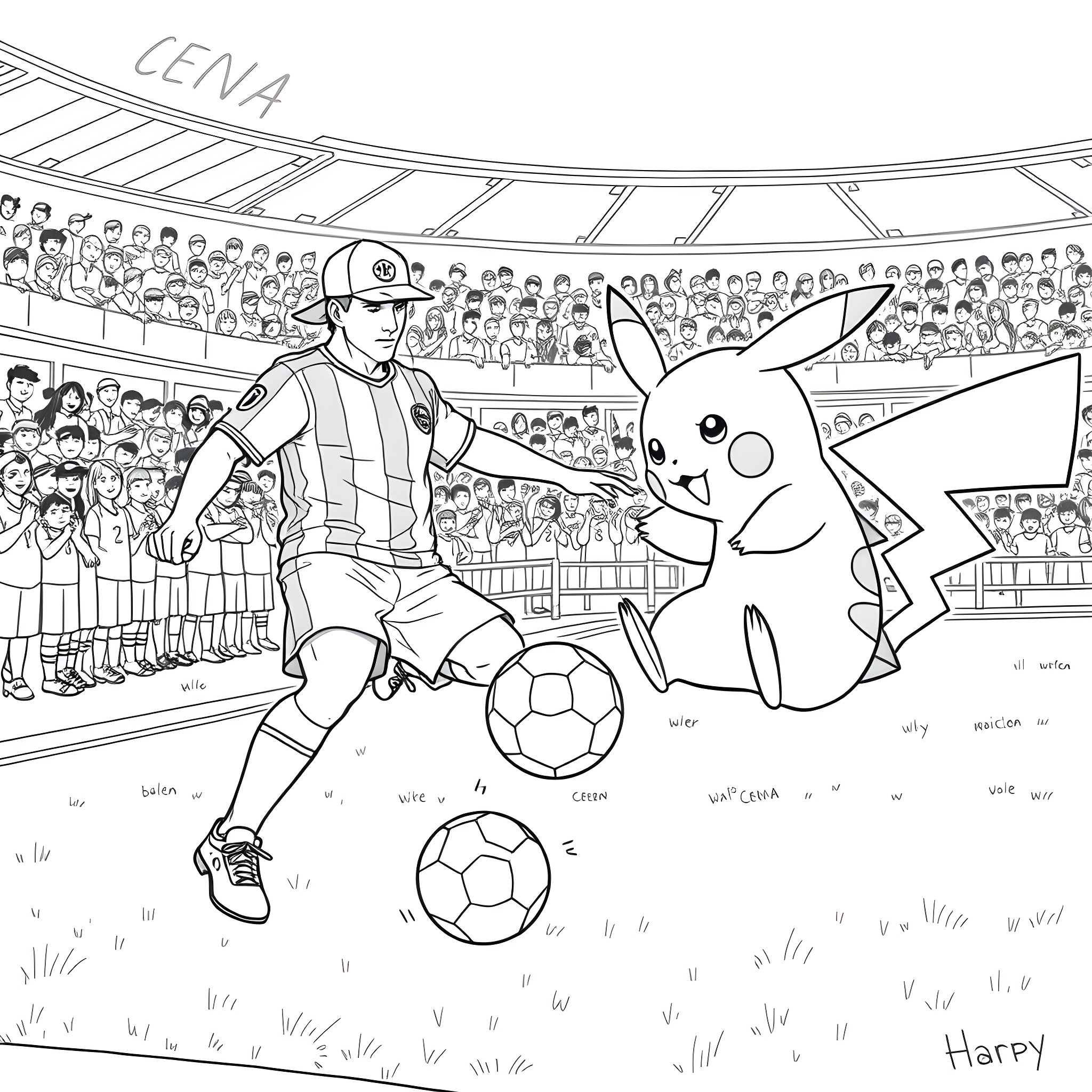 Pikachu playing soccer with a human athlete in a stadium Coloring Page (free black-and-white line drawing printable PDF for all, from beginners to advanced learners, including children, teens, adults, and seniors)
