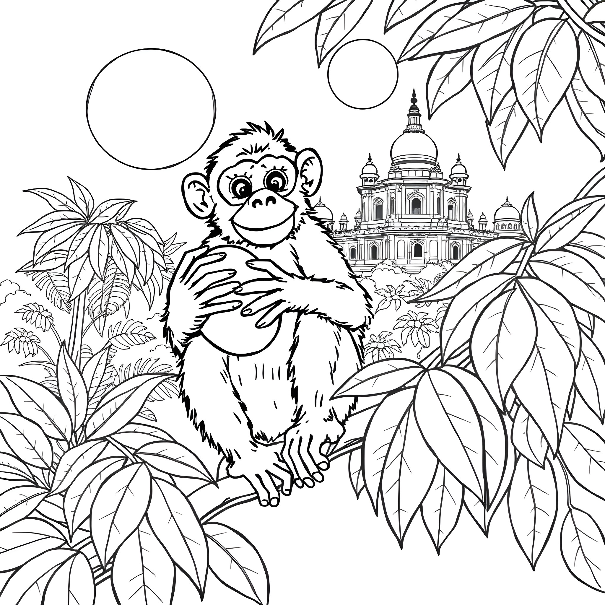 Monkey enjoying the tropical scenery Coloring Page (free black-and-white line drawing printable PDF for all, from beginners to advanced learners, including children, teens, adults, and seniors)