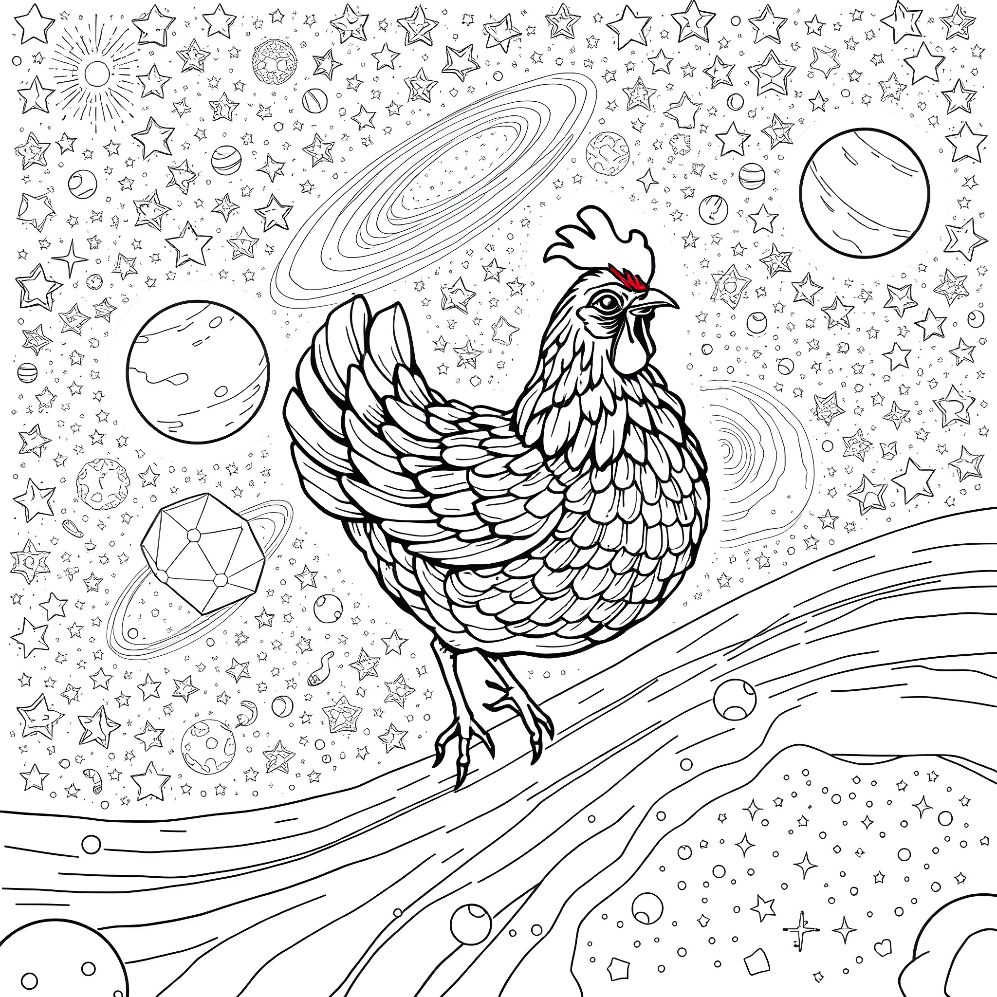 Lava Chicken in Cosmic Wonderland Coloring Page (free black-and-white line drawing printable PDF for all, from beginners to advanced learners, including children, teens, adults, and seniors)