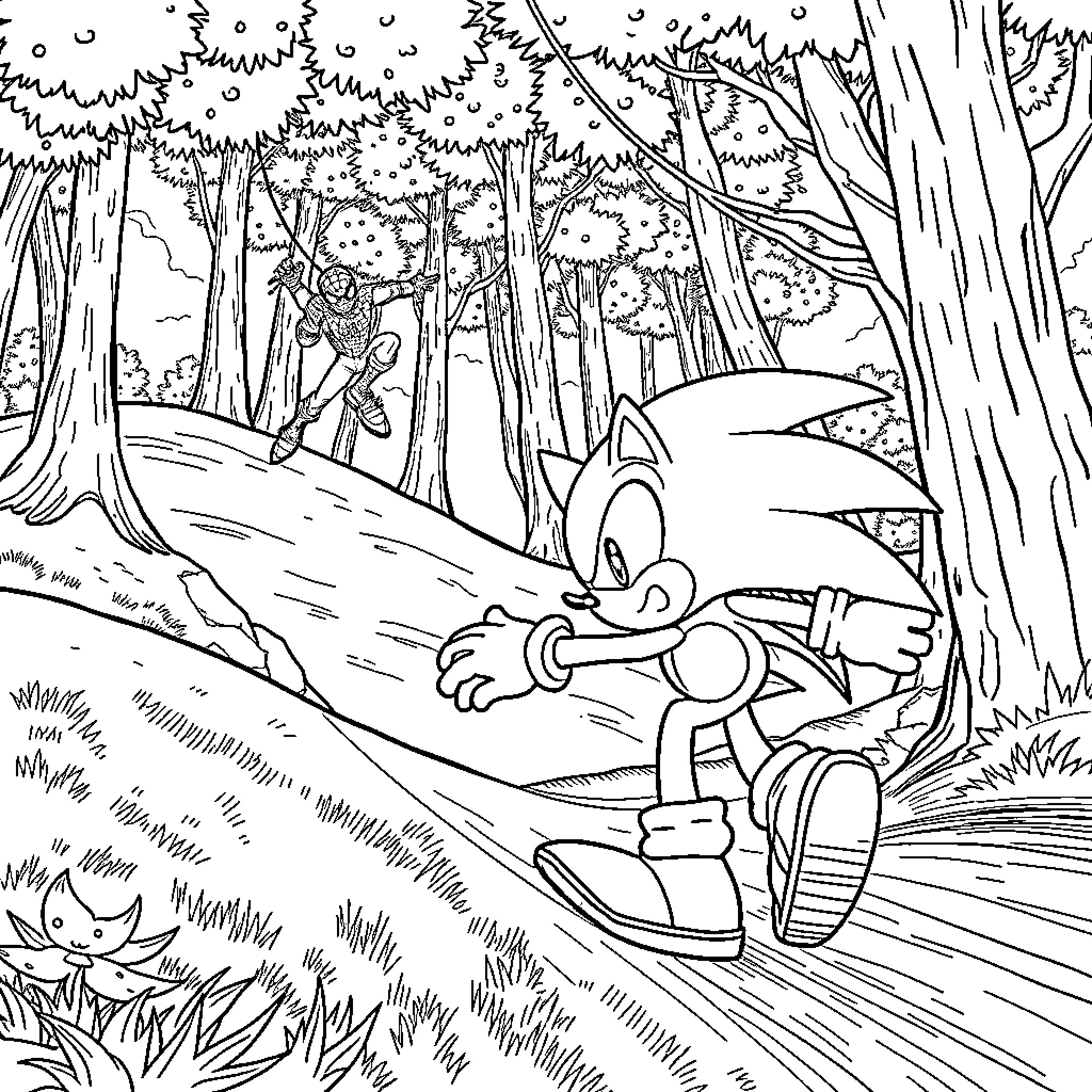 Sonic's Adventure through the Enchanted Forest Coloring Page (free black-and-white line drawing printable PDF for all, from beginners to advanced learners, including children, teens, adults, and seniors)