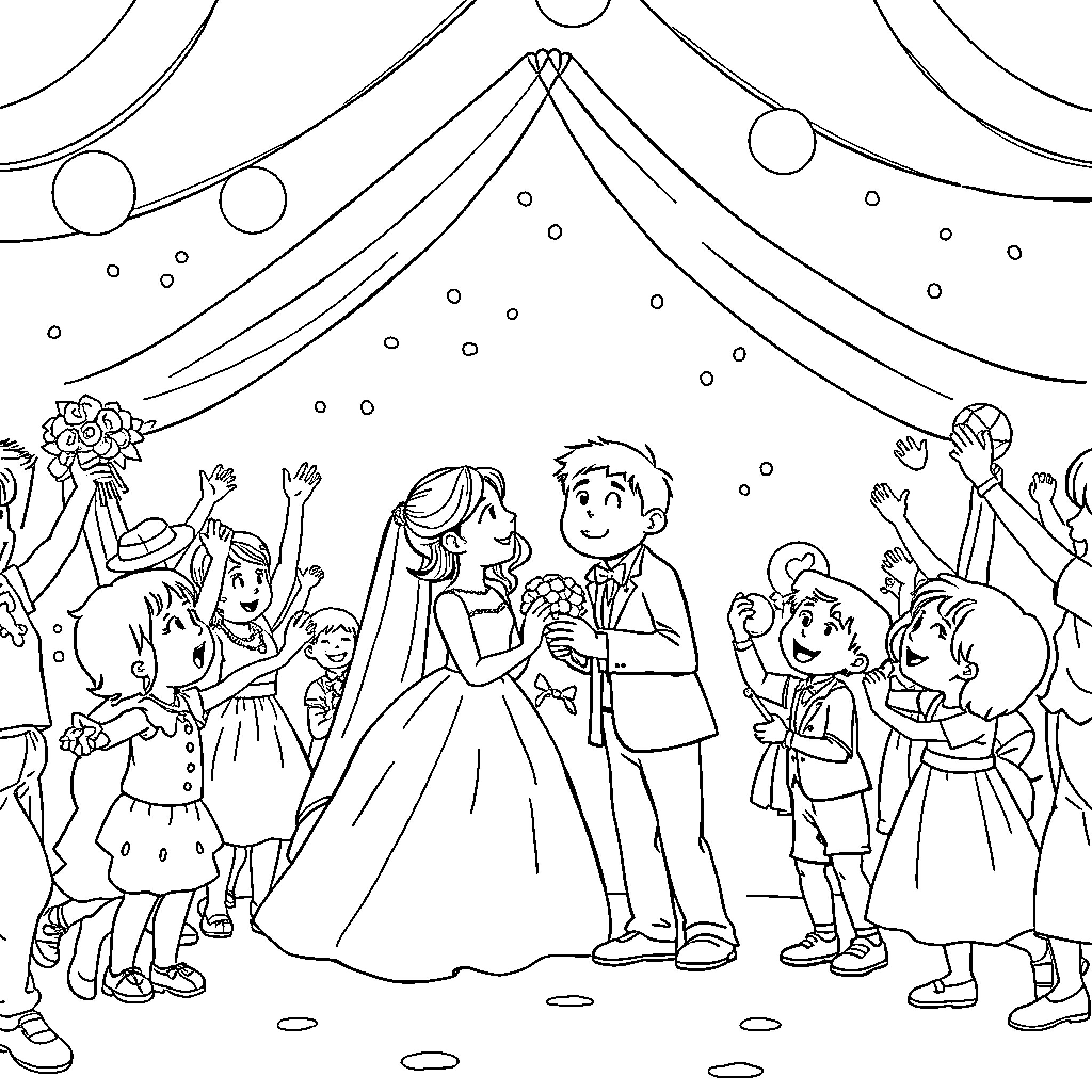 Wedding Celebration with Happy Couples and Guests Coloring Page (free black-and-white line drawing printable PDF for all, from beginners to advanced learners, including children, teens, adults, and seniors)