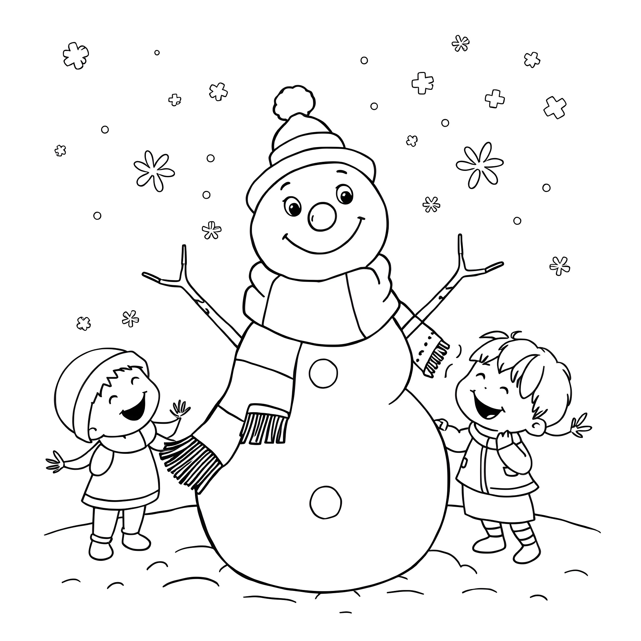 Snowman and kids playing together in the snow Coloring Page (free black-and-white line drawing printable PDF for all, from beginners to advanced learners, including children, teens, adults, and seniors)
