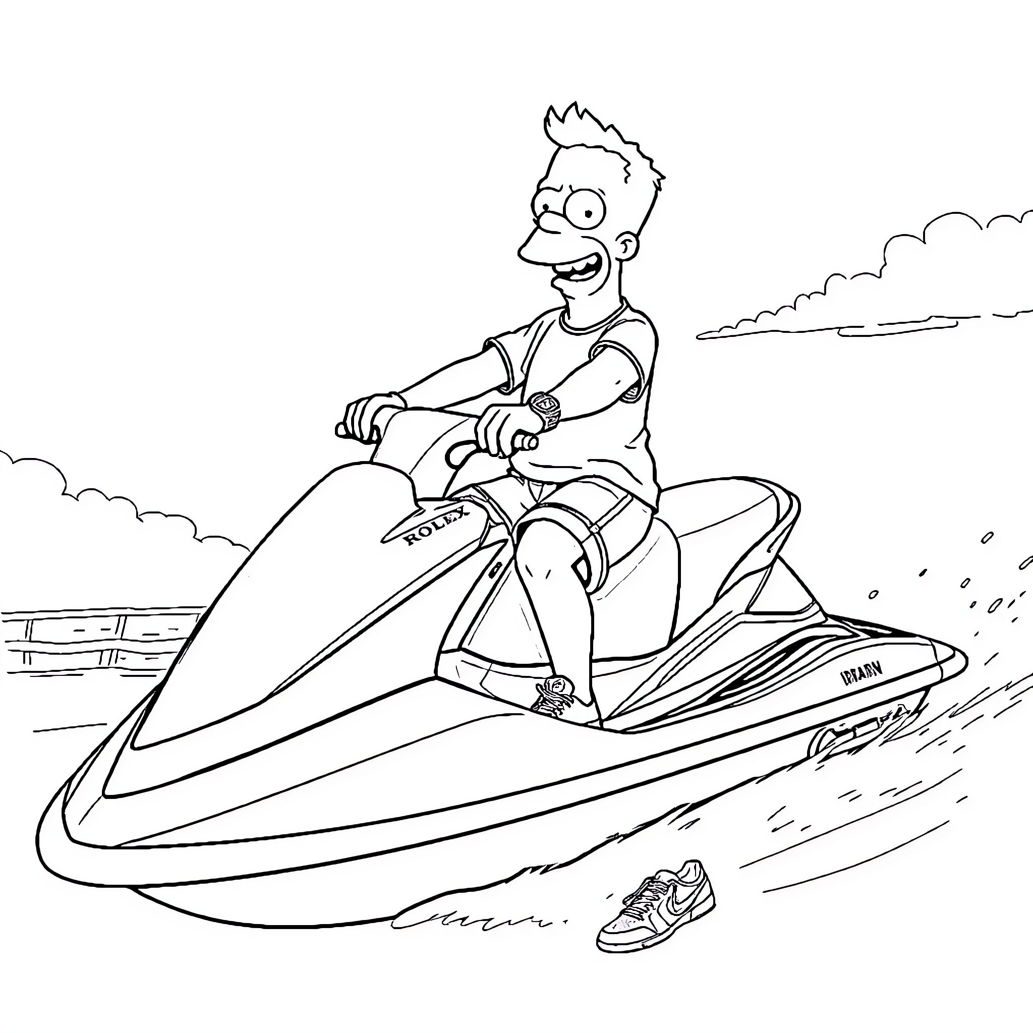 Simpson riding a jet ski on the water Coloring Page (free black-and-white line drawing printable PDF for all, from beginners to advanced learners, including children, teens, adults, and seniors)