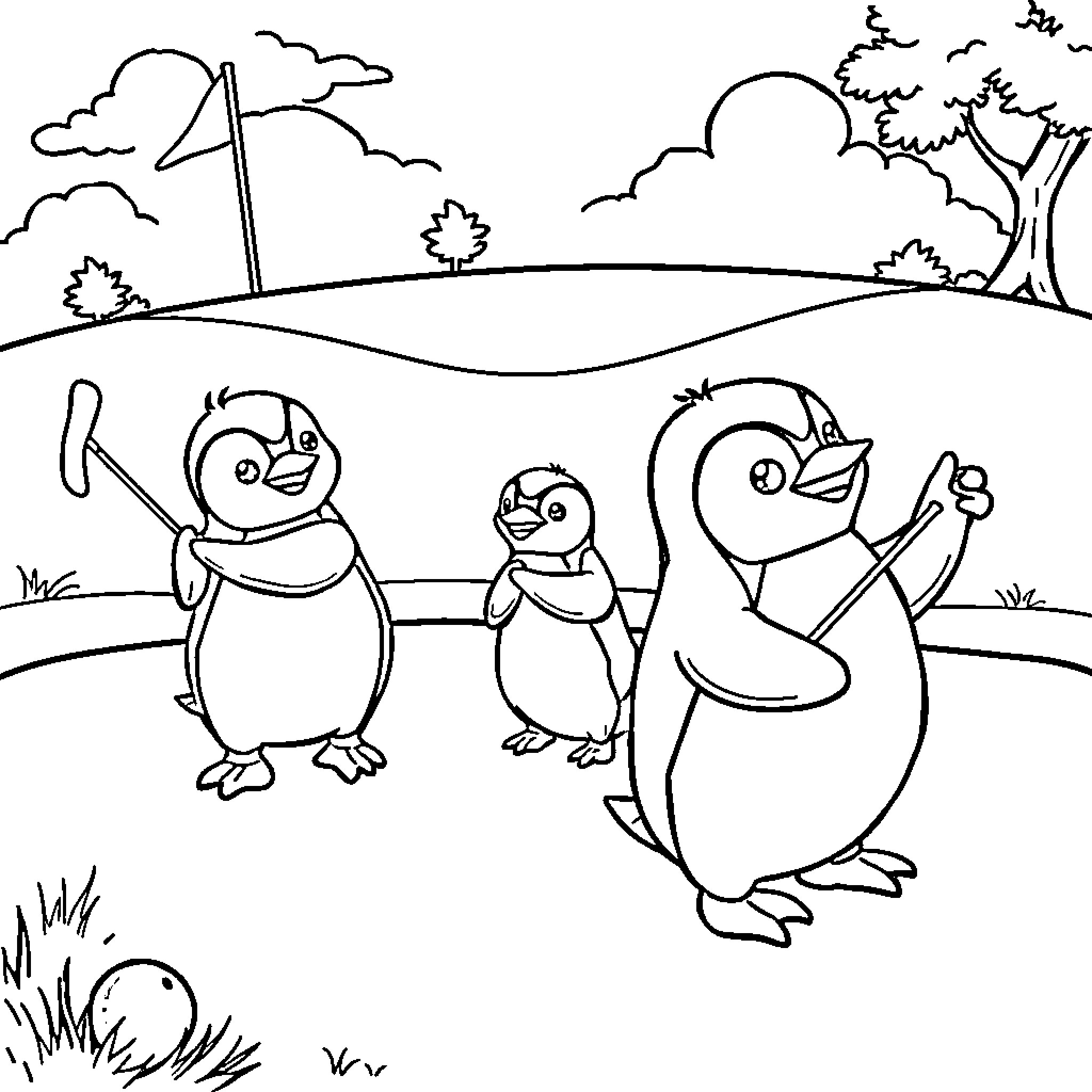 Penguin Family Enjoying Outdoor Adventure Coloring Page (free black-and-white line drawing printable PDF for all, from beginners to advanced learners, including children, teens, adults, and seniors)