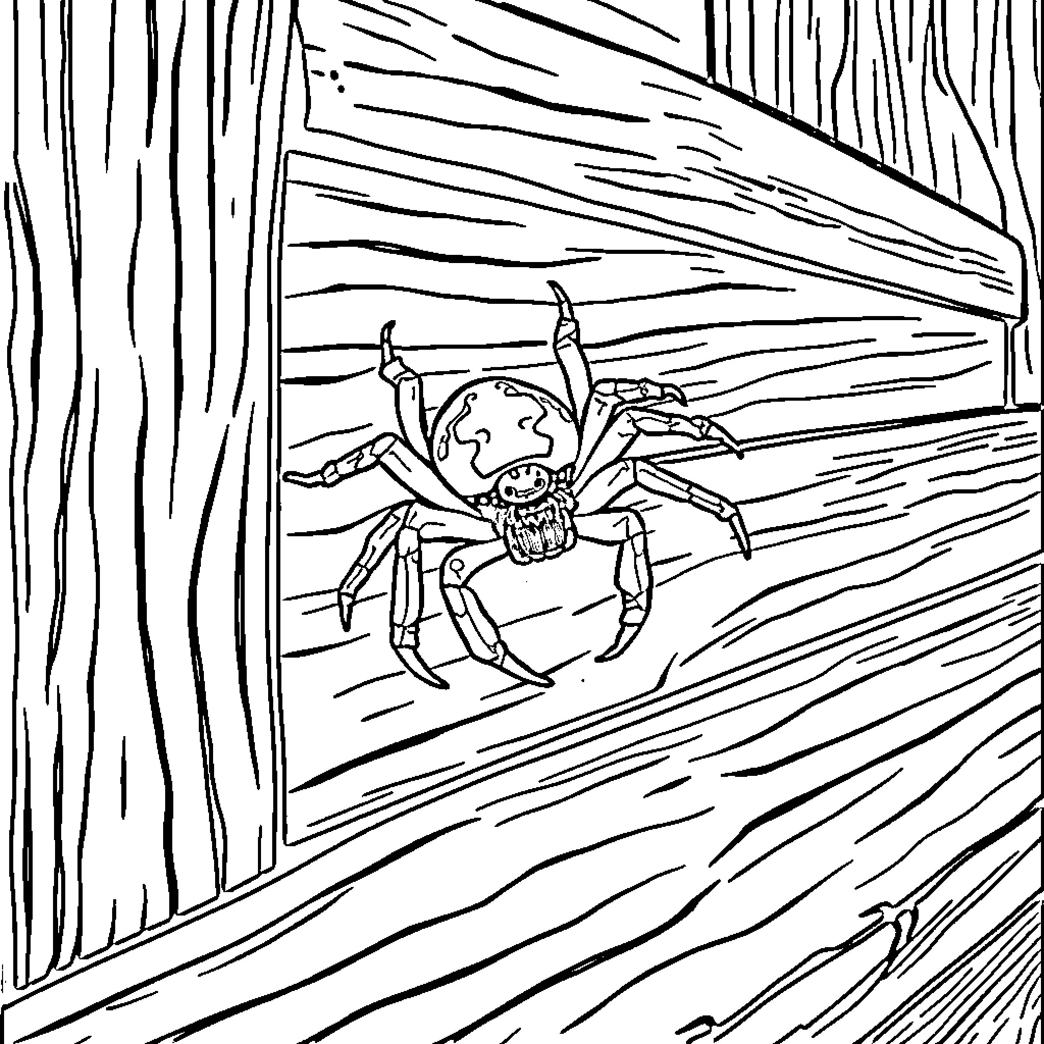 Spider exploring a wooden surface Coloring Page (free black-and-white line drawing printable PDF for all, from beginners to advanced learners, including children, teens, adults, and seniors)
