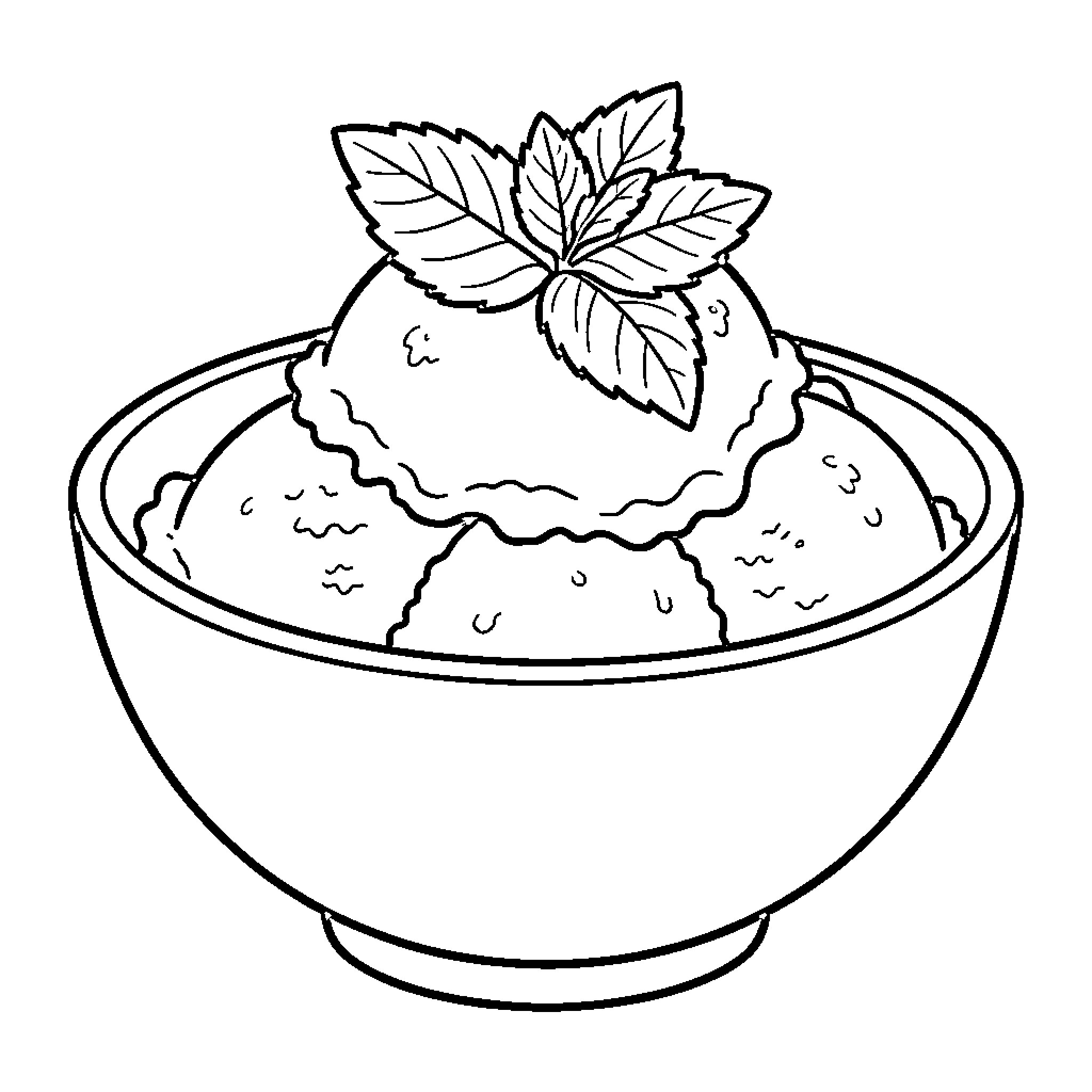 Mint scoops of ice cream topped with fresh leaves Coloring Page (free black-and-white line drawing printable PDF for all, from beginners to advanced learners, including children, teens, adults, and seniors)