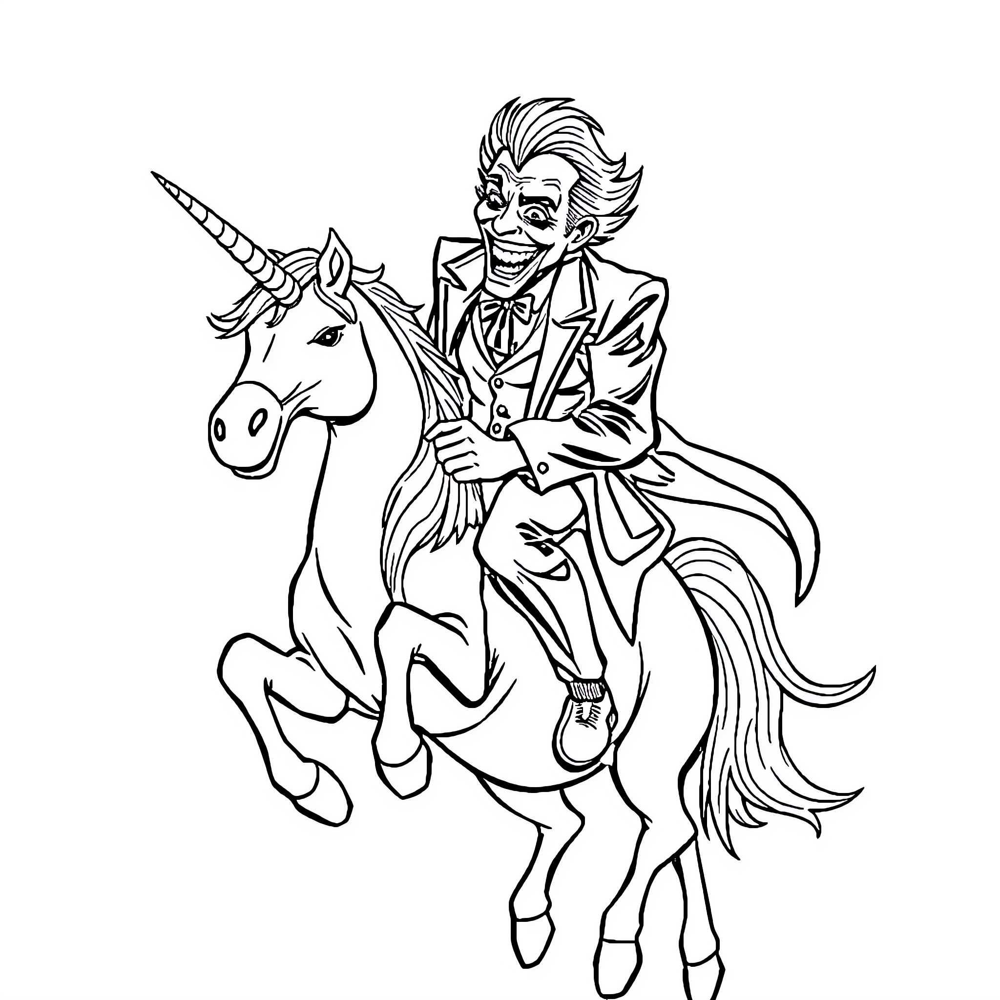 Joker riding a unicorn in an eccentric outfit Coloring Page (free black-and-white line drawing printable PDF for all, from beginners to advanced learners, including children, teens, adults, and seniors)