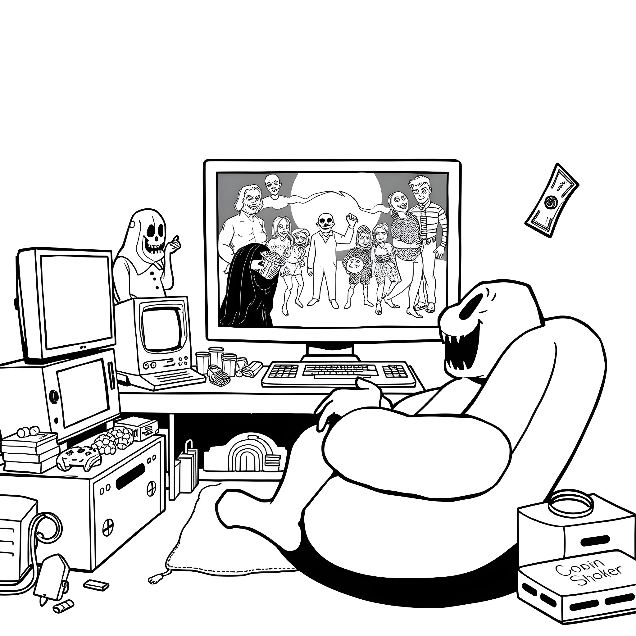 Oogie Boogie's Spooky Computer Gaming Session Coloring Page (free black-and-white line drawing printable PDF for all, from beginners to advanced learners, including children, teens, adults, and seniors)