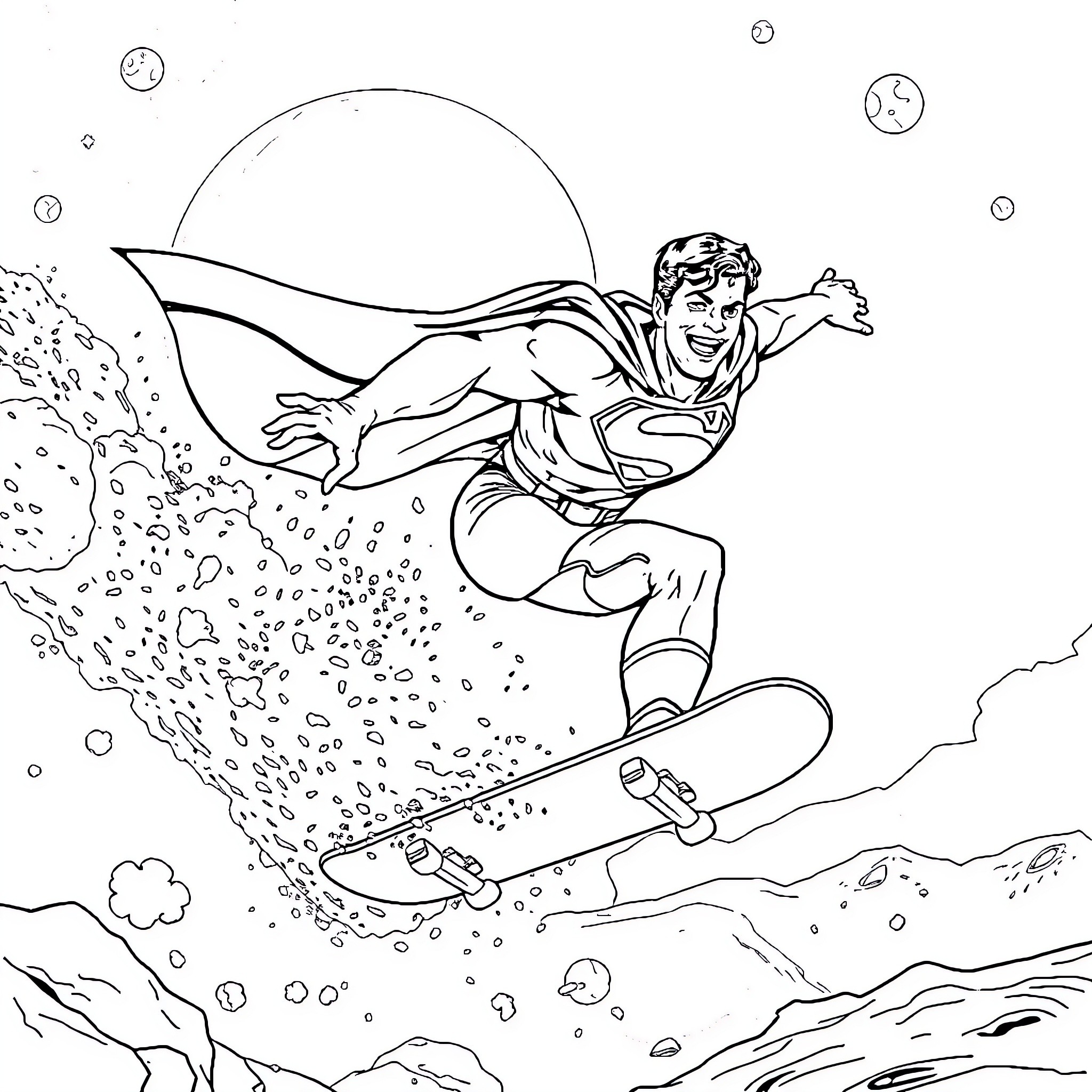 Superman soaring through the sky on a skateboard Coloring Page (free black-and-white line drawing printable PDF for all, from beginners to advanced learners, including children, teens, adults, and seniors)