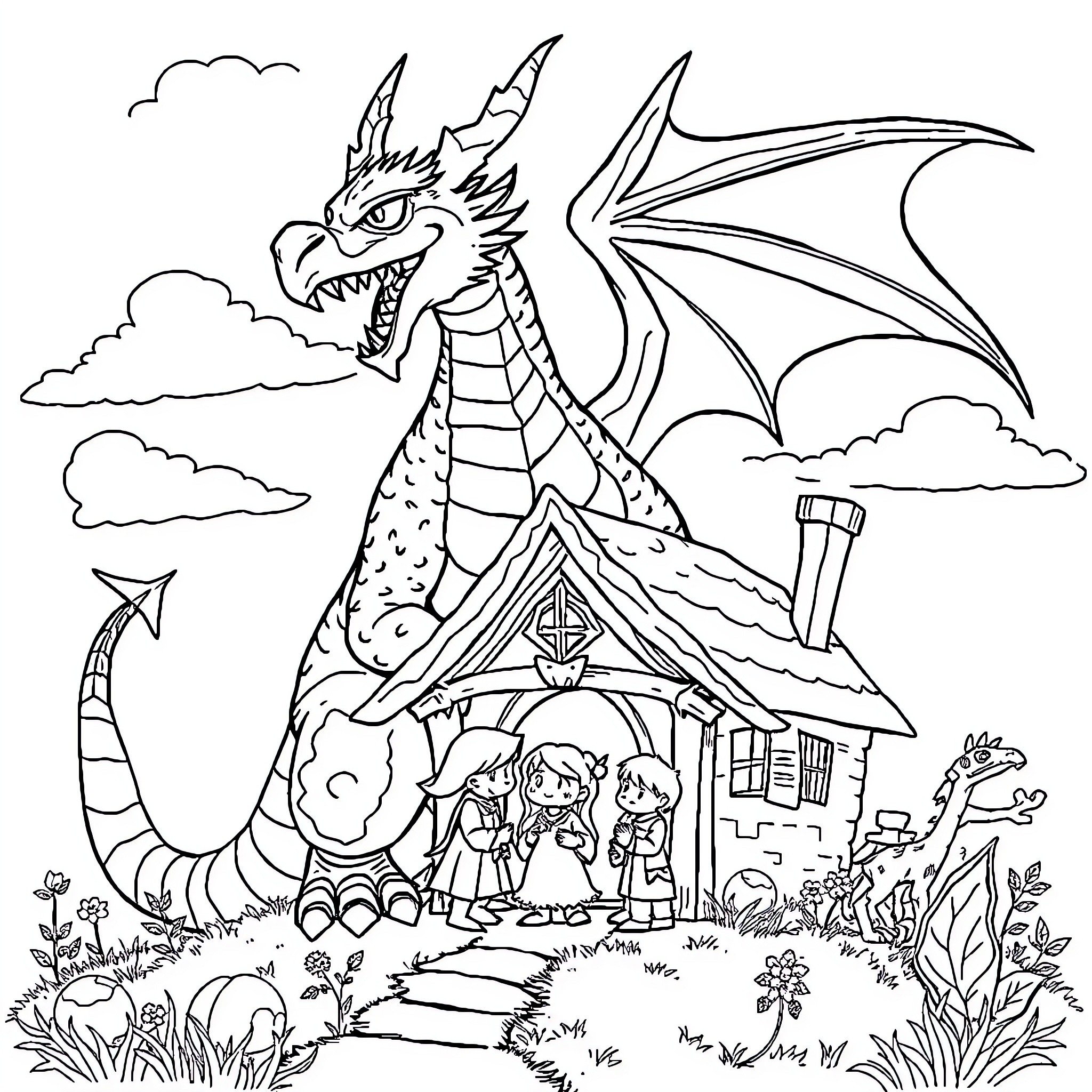 Dragon guarding the enchanted cottage in the clouds Coloring Page (free black-and-white line drawing printable PDF for all, from beginners to advanced learners, including children, teens, adults, and seniors)