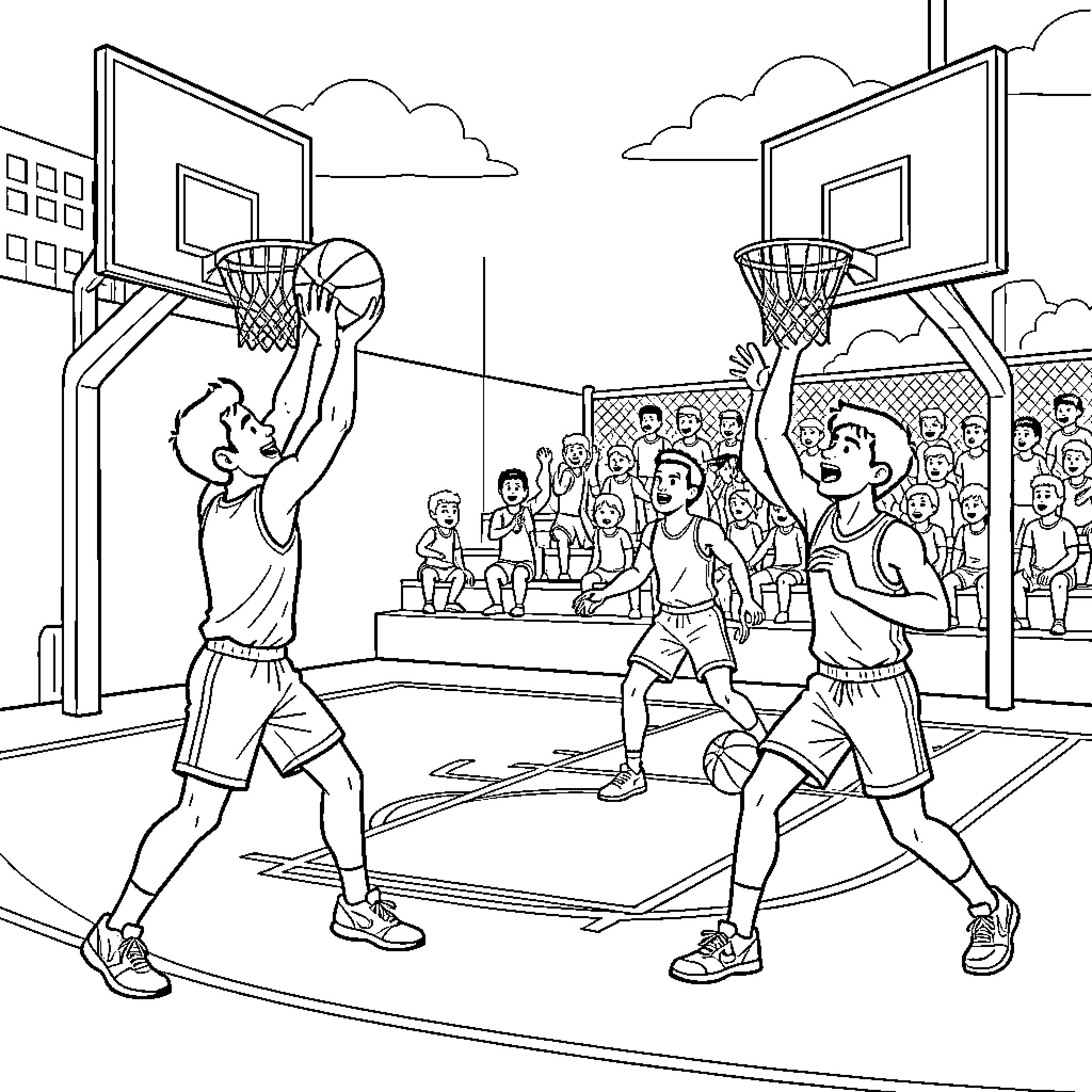 Basketball players competing intensely during an outdoor game Coloring Page (free black-and-white line drawing printable PDF for all, from beginners to advanced learners, including children, teens, adults, and seniors)