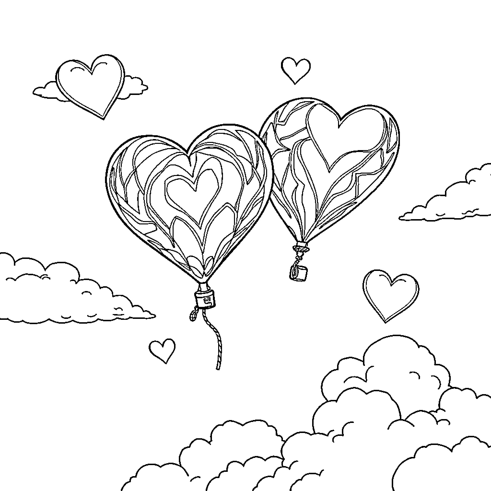 Heart-shaped Hot Air Balloons Soaring in the Sky Coloring Page (free black-and-white line drawing printable PDF for all, from beginners to advanced learners, including children, teens, adults, and seniors)