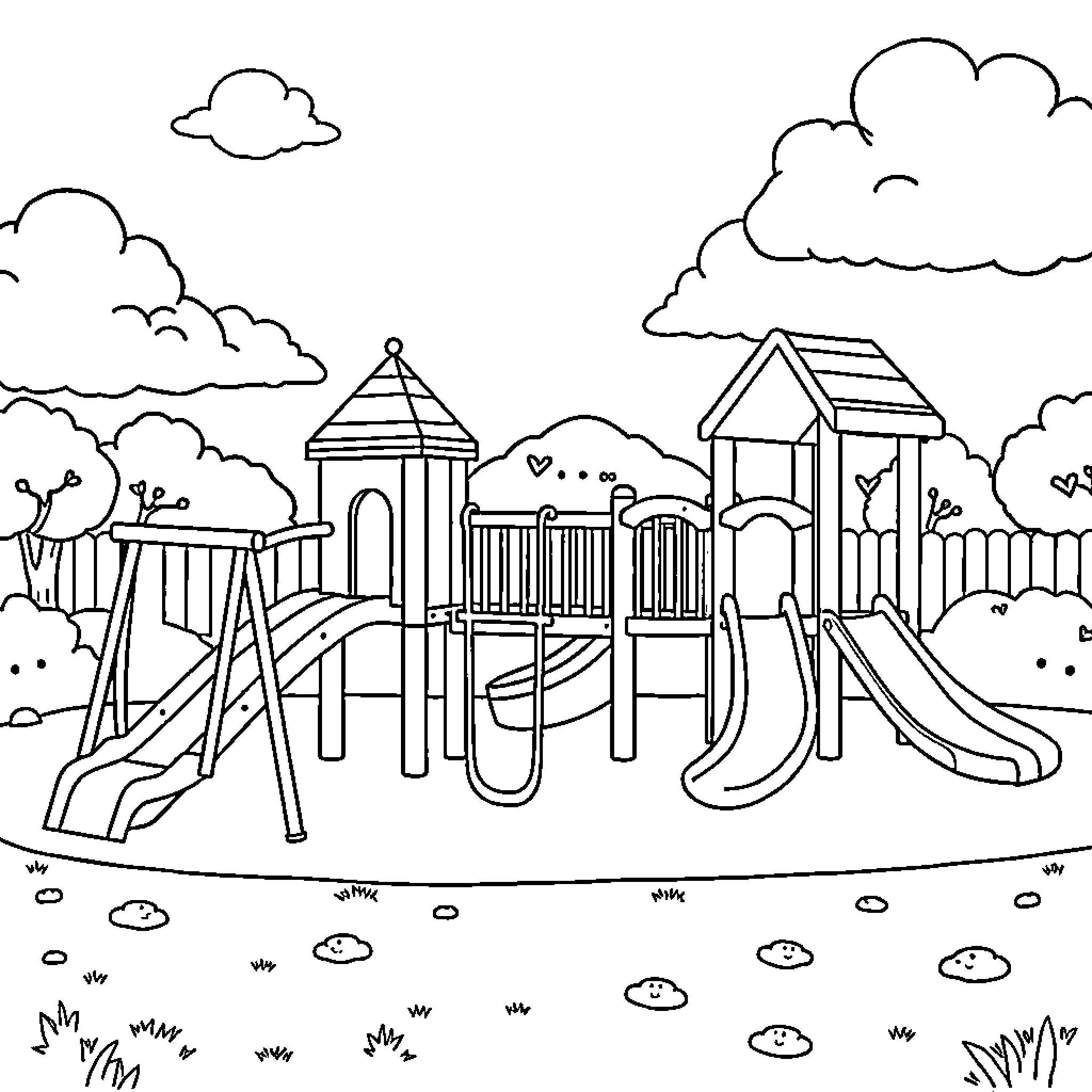 Playground with various play structures and equipment Coloring Page (free black-and-white line drawing printable PDF for all, from beginners to advanced learners, including children, teens, adults, and seniors)