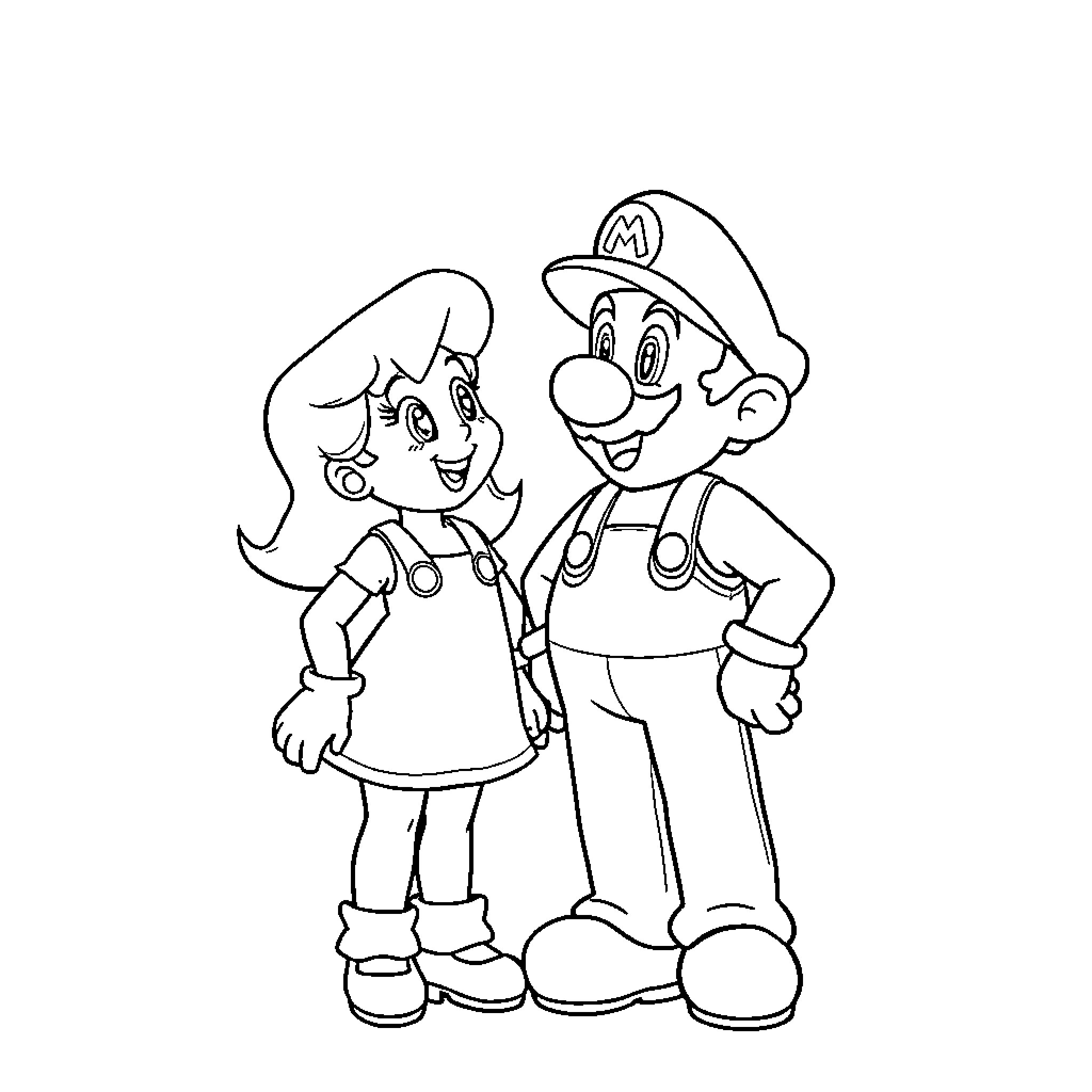 Gabby and Mario in an Illustrated Scene Coloring Page (free black-and-white line drawing printable PDF for all, from beginners to advanced learners, including children, teens, adults, and seniors)