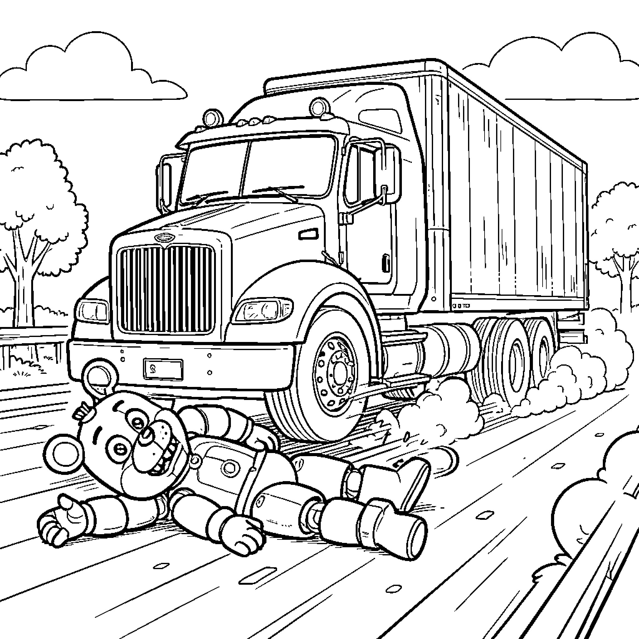 Freddy Fazbear's Truck Adventure Coloring Page (free black-and-white line drawing printable PDF for all, from beginners to advanced learners, including children, teens, adults, and seniors)