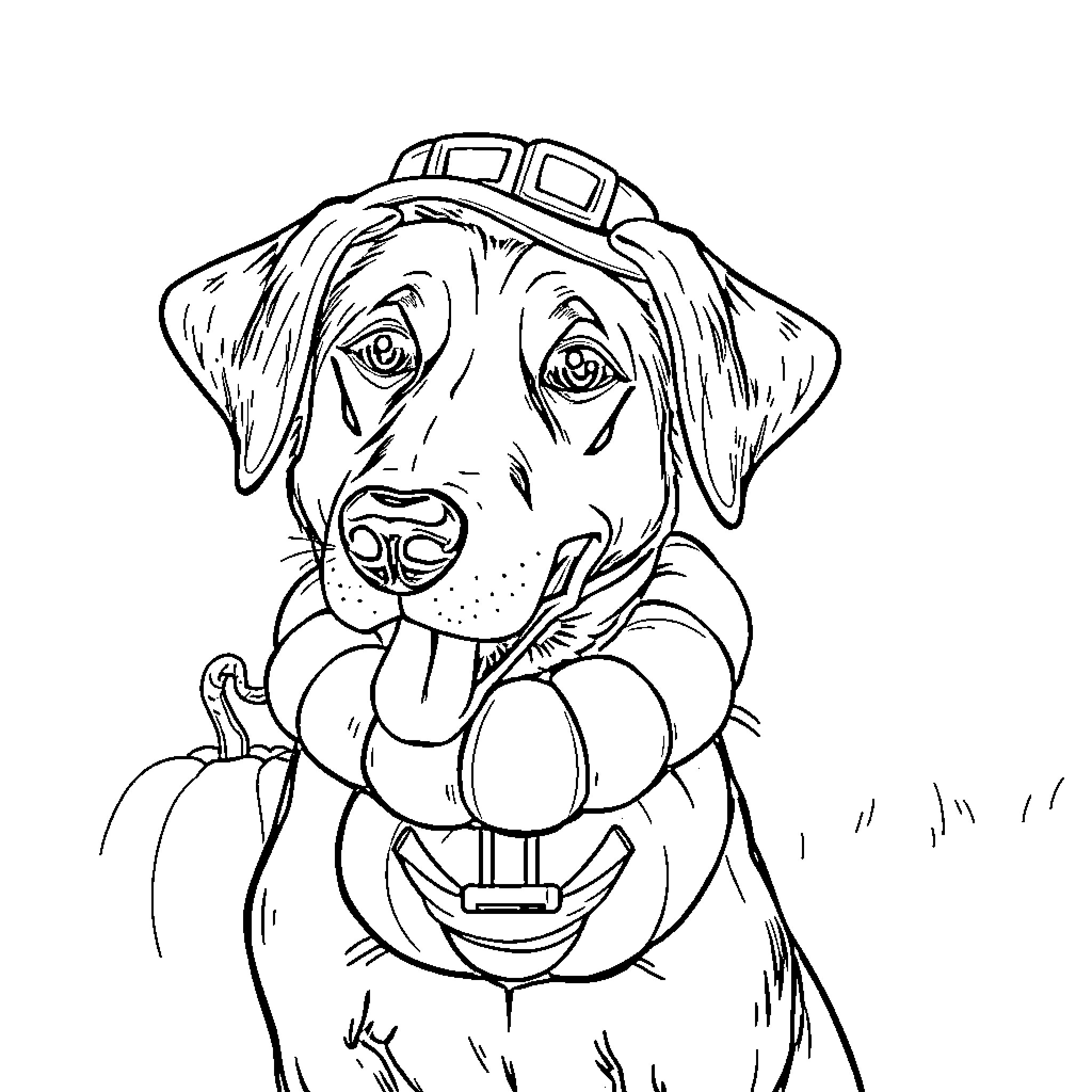 Hunting Dog in Festive Costume Coloring Page (free black-and-white line drawing printable PDF for all, from beginners to advanced learners, including children, teens, adults, and seniors)