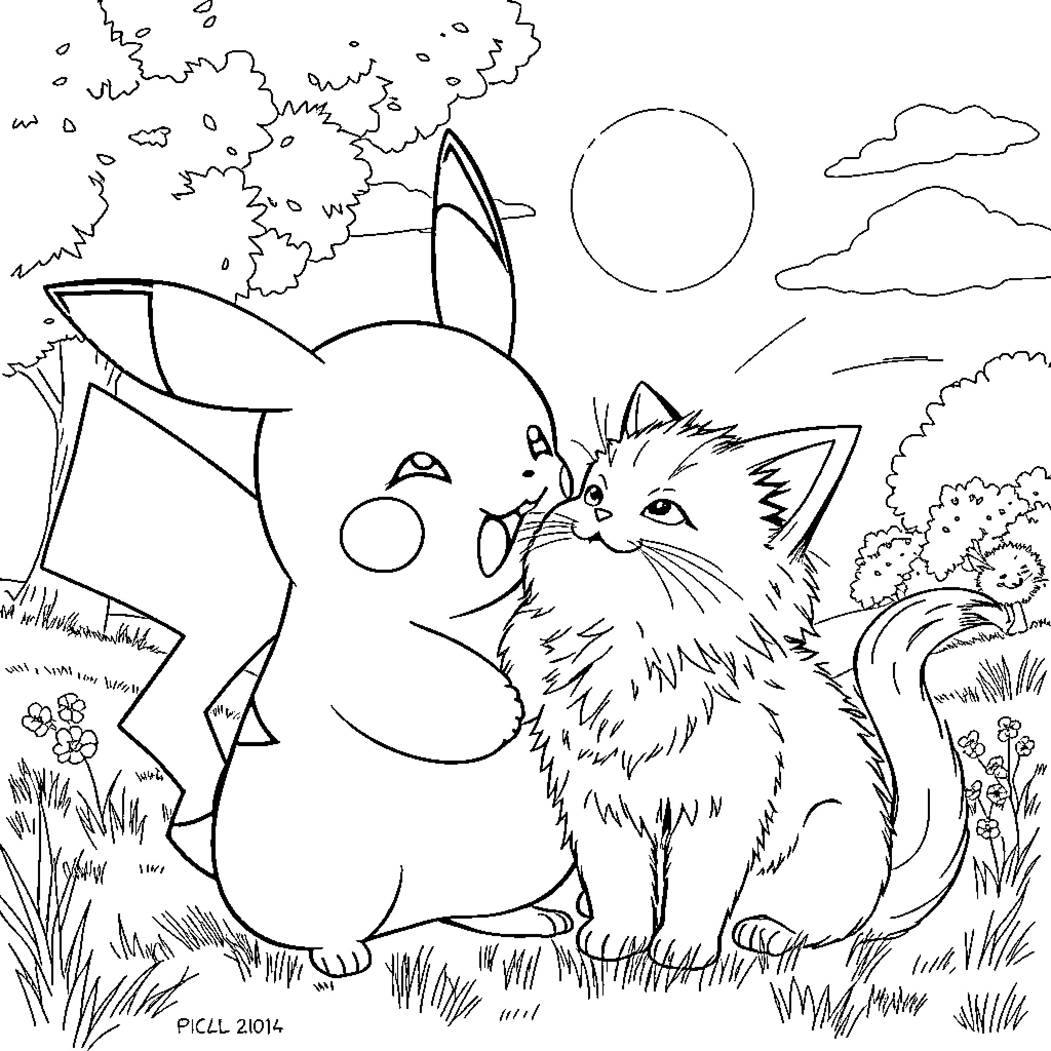 Pikachu and Furry Friend in Scenic Outdoor Adventure Coloring Page (free black-and-white line drawing printable PDF for all, from beginners to advanced learners, including children, teens, adults, and seniors)