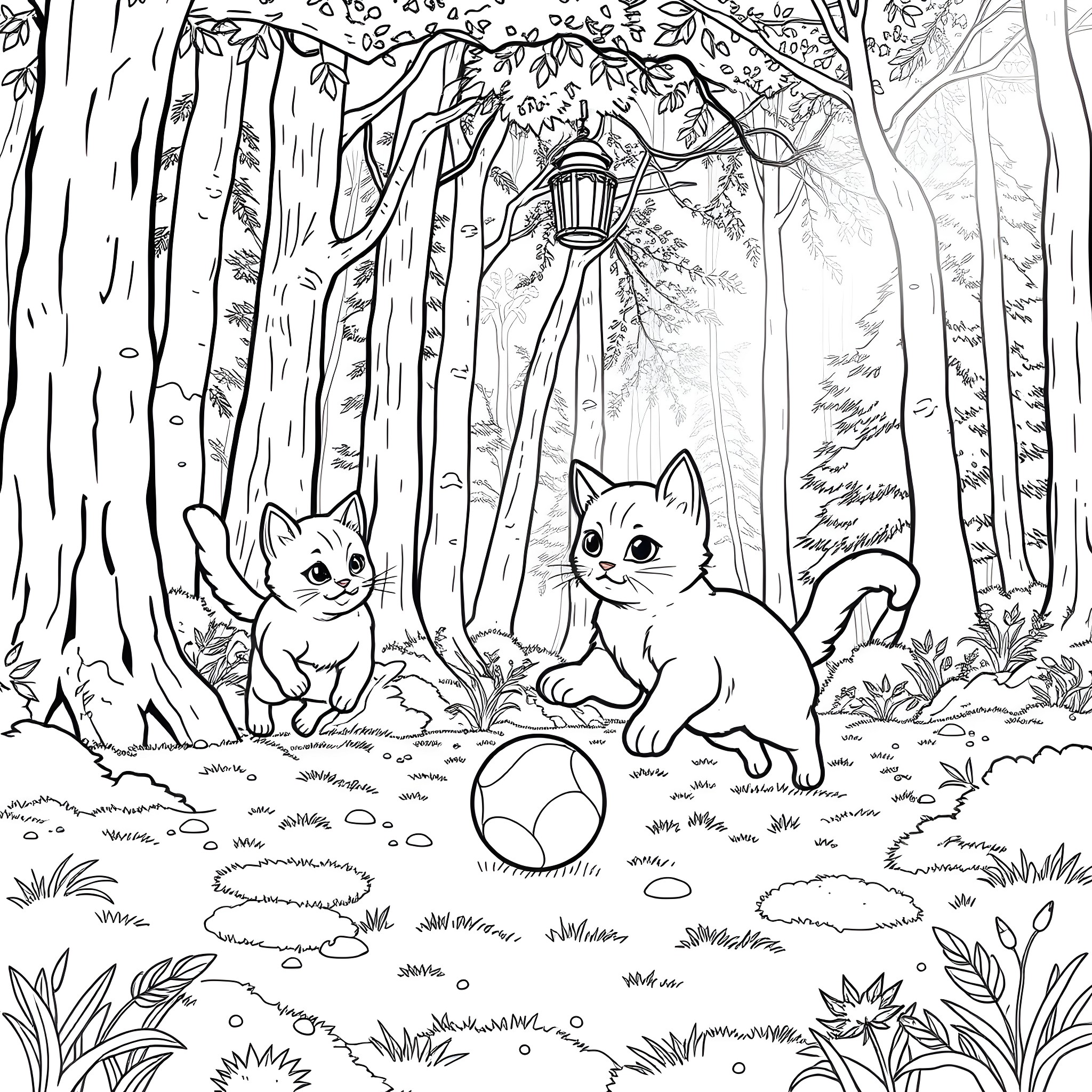 Cats playing in the enchanted forest Coloring Page (free black-and-white line drawing printable PDF for all, from beginners to advanced learners, including children, teens, adults, and seniors)