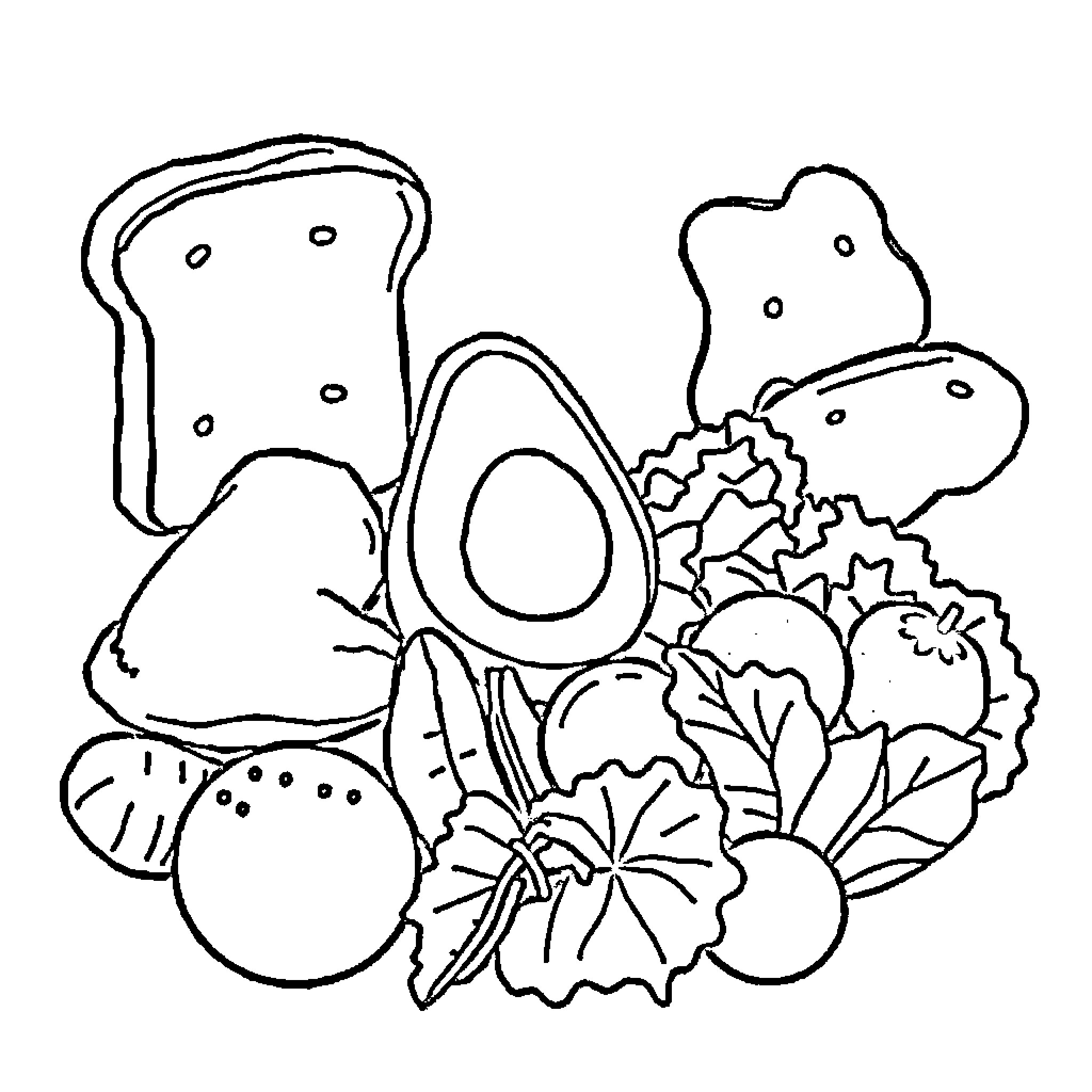 Diet of Healthy Foods Coloring Page (free black-and-white line drawing printable PDF for all, from beginners to advanced learners, including children, teens, adults, and seniors)