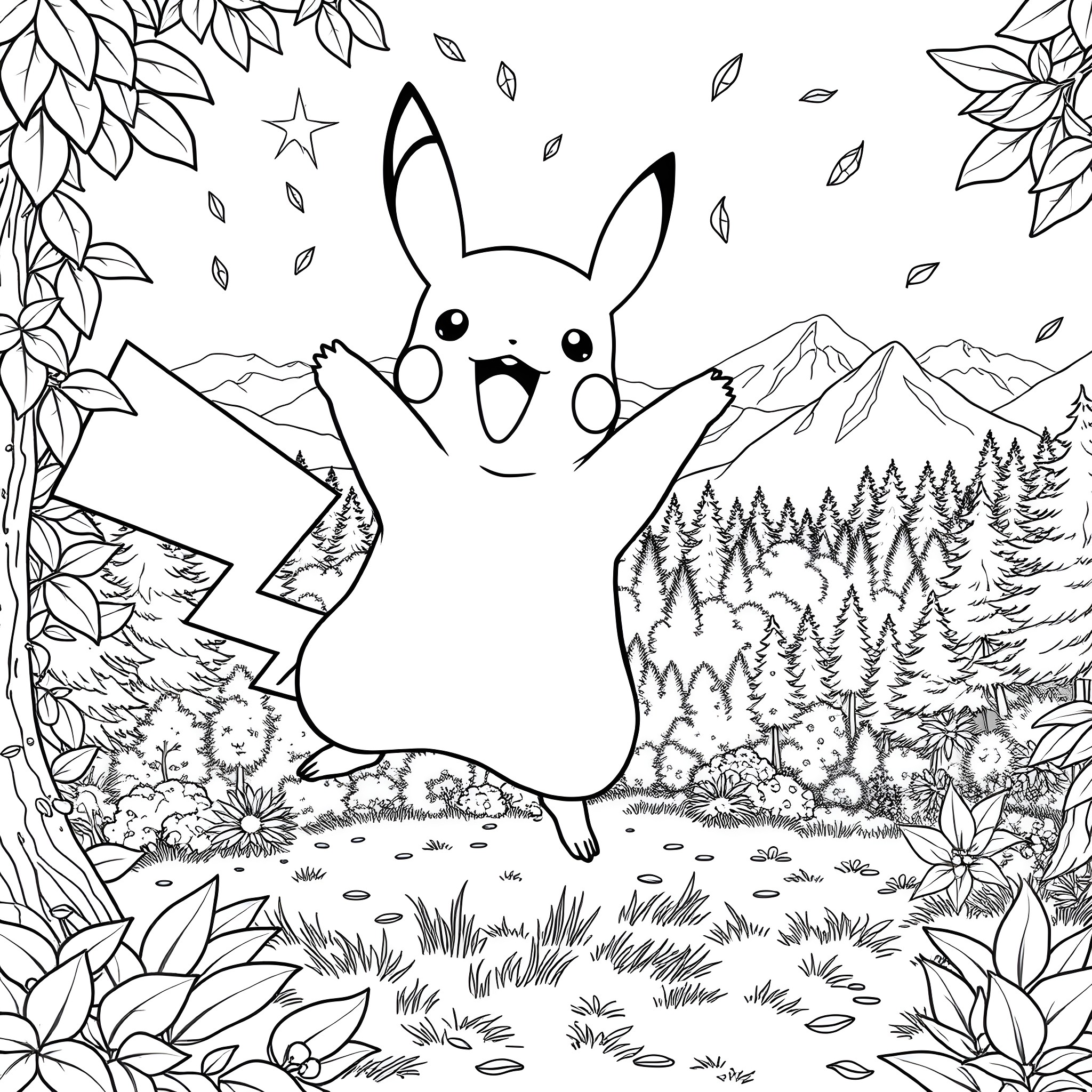 Pikachu exploring the scenic outdoors Coloring Page (free black-and-white line drawing printable PDF for all, from beginners to advanced learners, including children, teens, adults, and seniors)