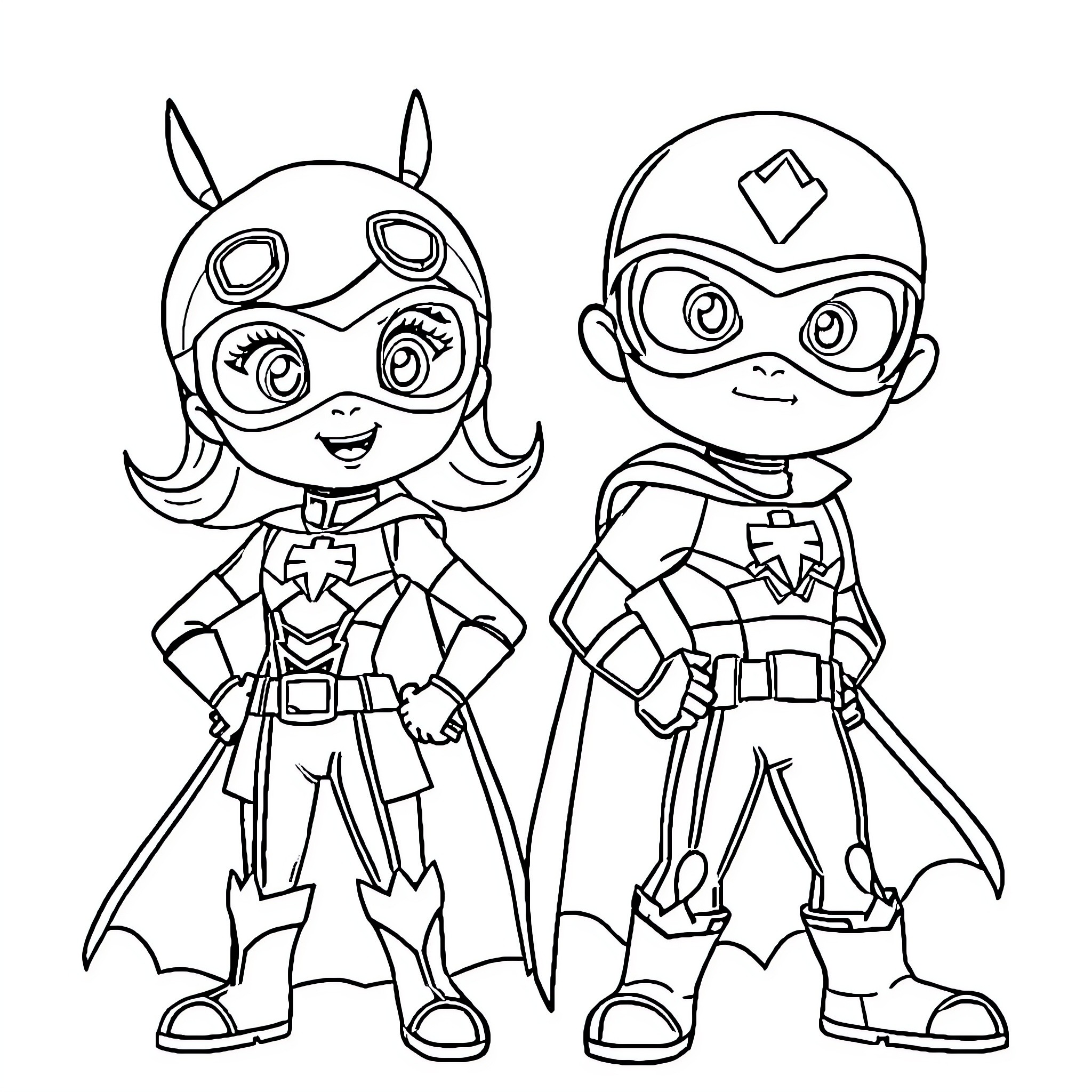 Paw Patrol Heroes in Action Poses Coloring Page (free black-and-white line drawing printable PDF for all, from beginners to advanced learners, including children, teens, adults, and seniors)