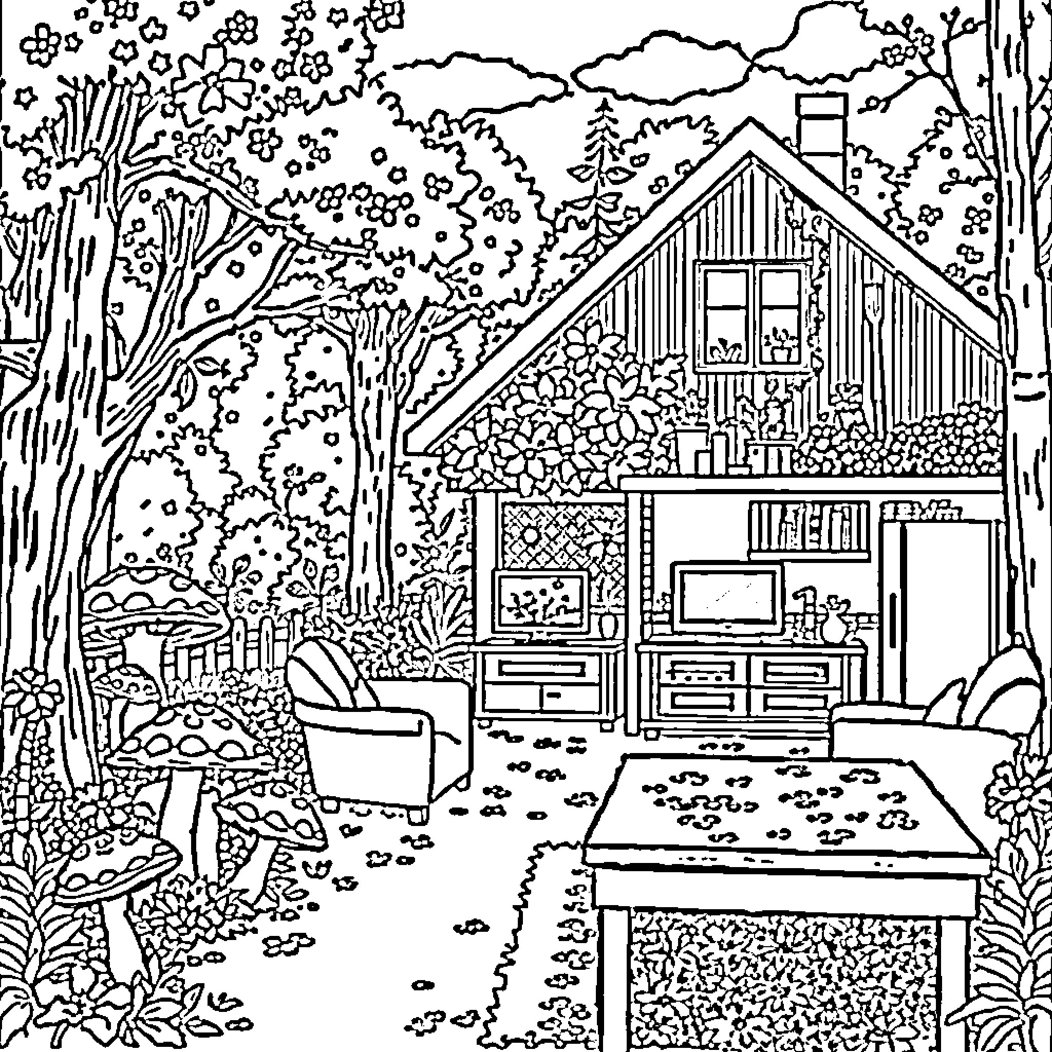 Champignon forest cabin with cozy furniture Coloring Page (free black-and-white line drawing printable PDF for all, from beginners to advanced learners, including children, teens, adults, and seniors)