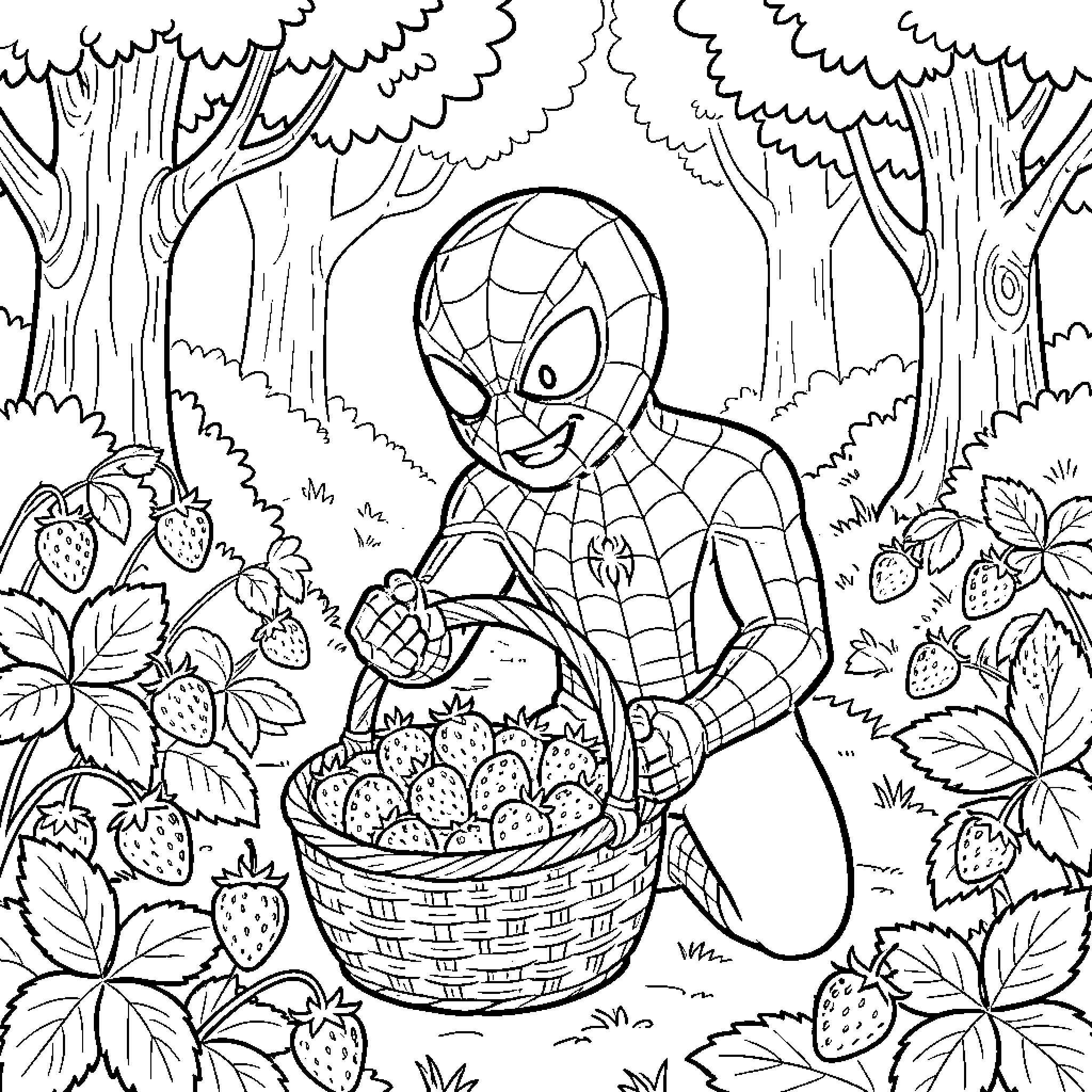 Spiderman gathering strawberries in the forest Coloring Page (free black-and-white line drawing printable PDF for all, from beginners to advanced learners, including children, teens, adults, and seniors)