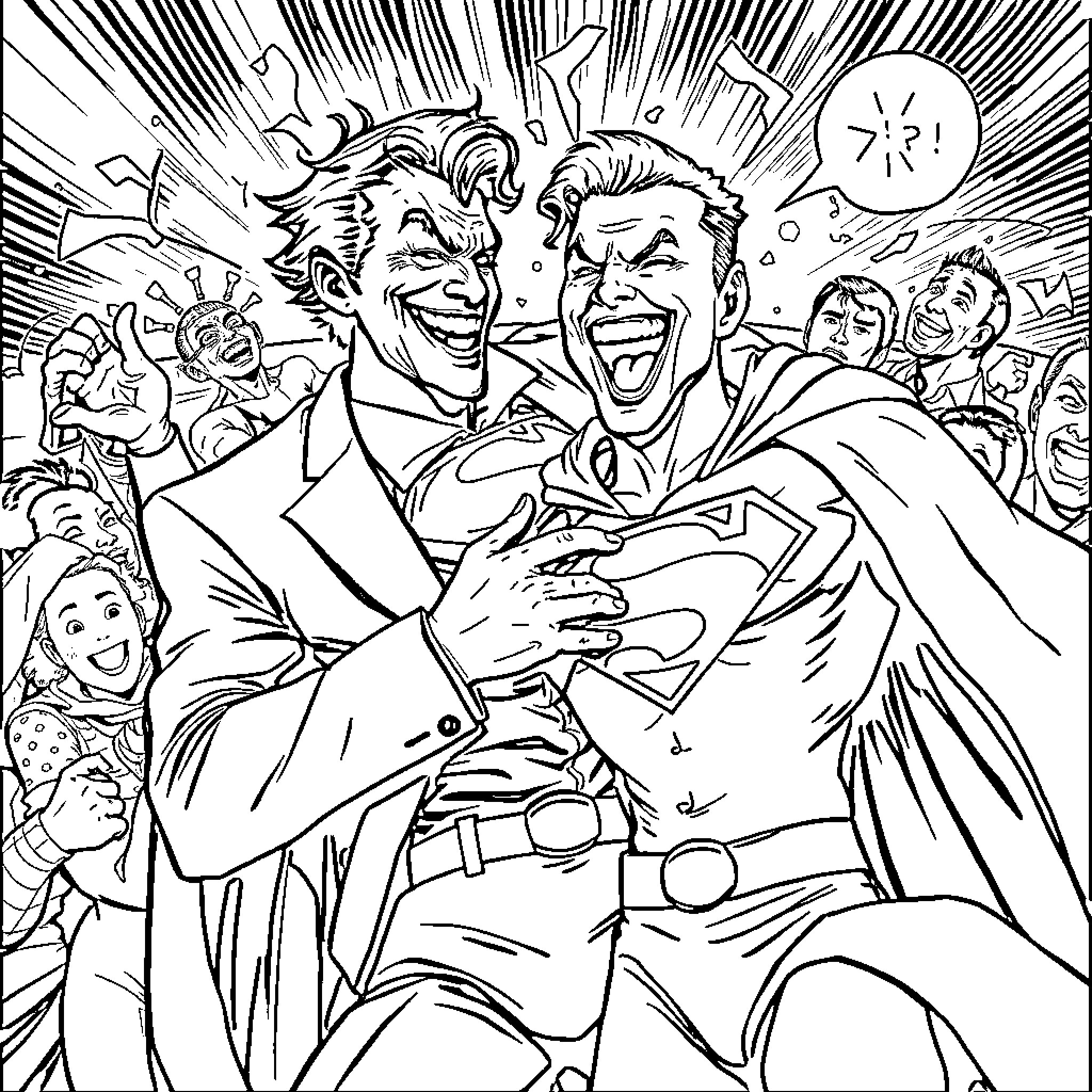 Joker and rival's exaggerated expressions and gestures in chaotic scene Coloring Page (free black-and-white line drawing printable PDF for all, from beginners to advanced learners, including children, teens, adults, and seniors)