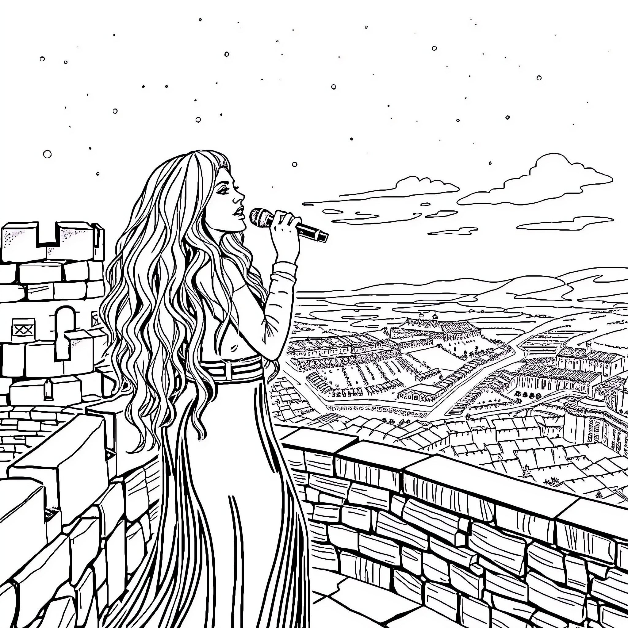 Shakira singing passionately on a rooftop overlooking the city Coloring Page (free black-and-white line drawing printable PDF for all, from beginners to advanced learners, including children, teens, adults, and seniors)
