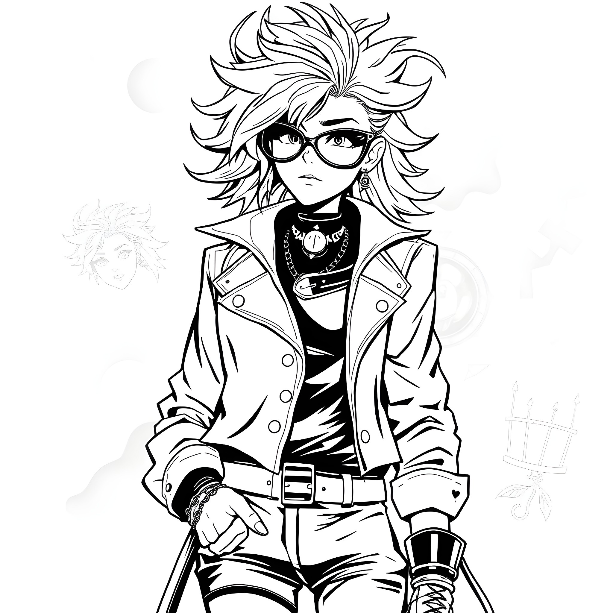 Goth Anime Character with Intense Expression Coloring Page (free black-and-white line drawing printable PDF for all, from beginners to advanced learners, including children, teens, adults, and seniors)
