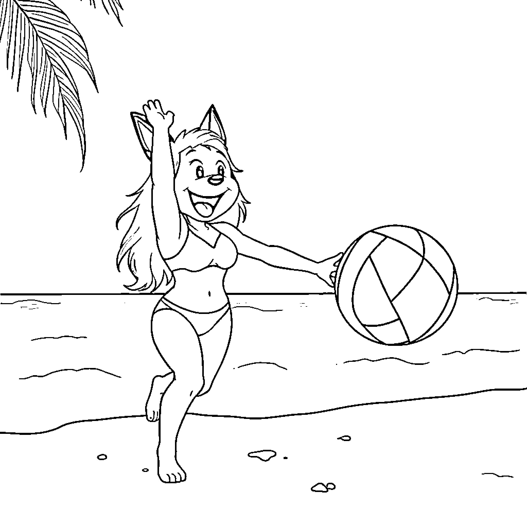 Kuromi playing joyfully with beach ball in tropical scene Coloring Page (free black-and-white line drawing printable PDF for all, from beginners to advanced learners, including children, teens, adults, and seniors)