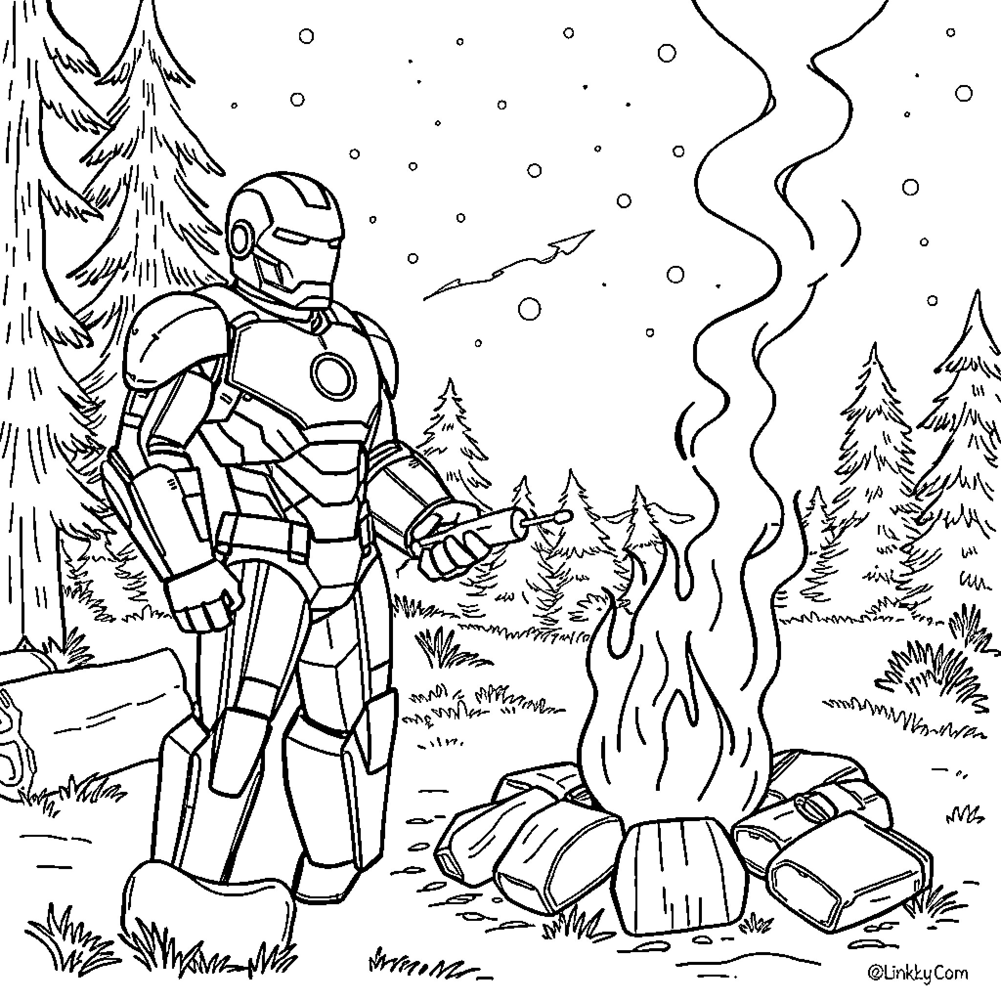 Iron Man exploring the snowy forest Coloring Page (free black-and-white line drawing printable PDF for all, from beginners to advanced learners, including children, teens, adults, and seniors)
