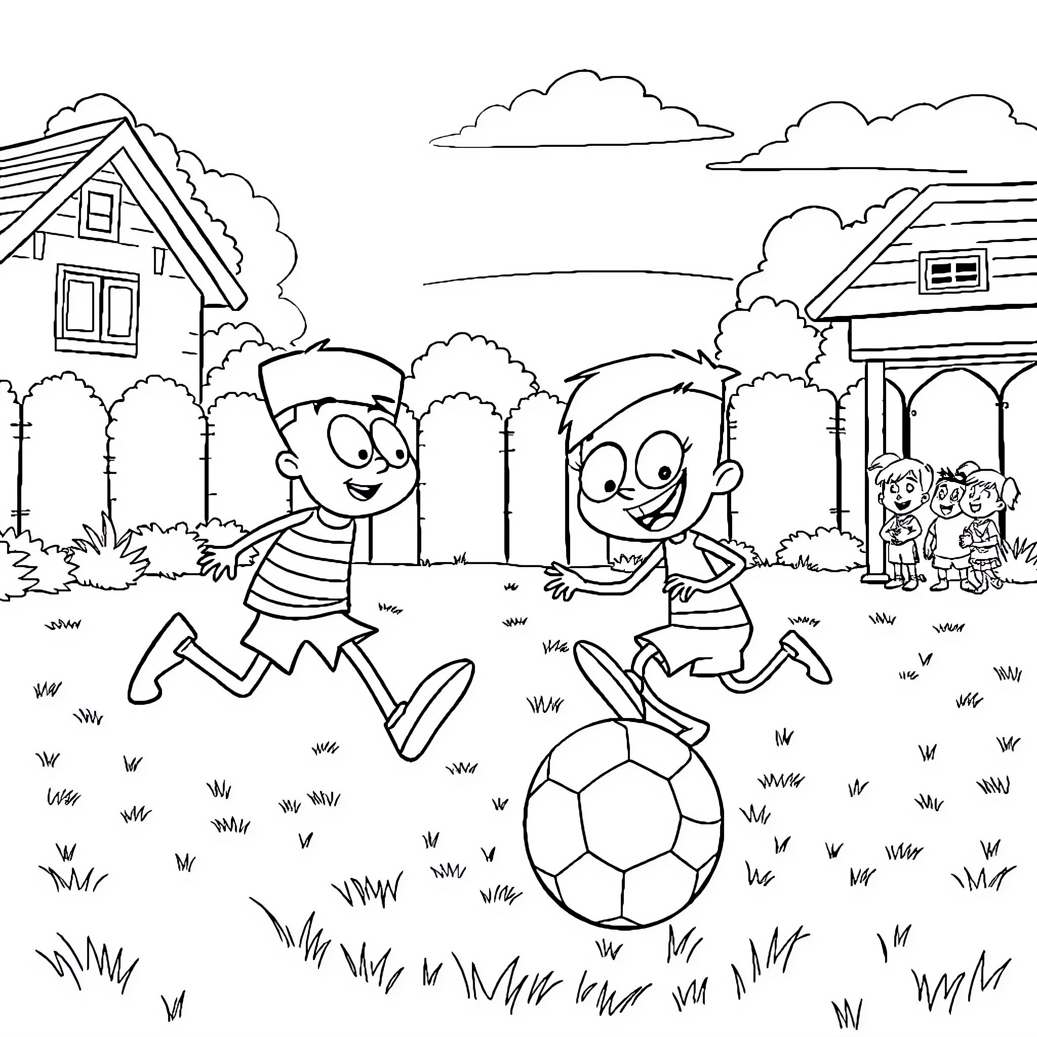Phineas and Ferb playing with a soccer ball in the backyard Coloring Page (free black-and-white line drawing printable PDF for all, from beginners to advanced learners, including children, teens, adults, and seniors)