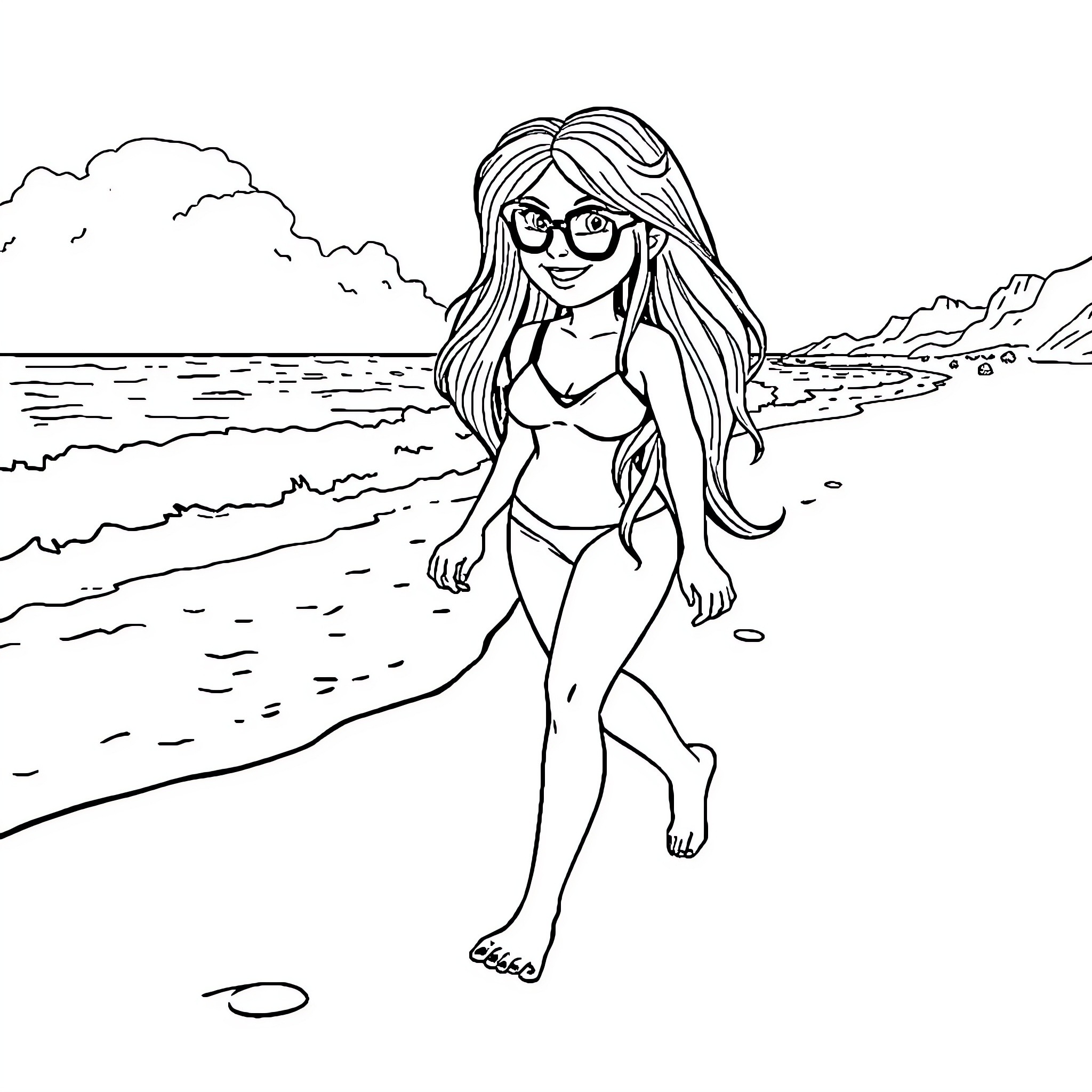 Theda enjoying a day at the beach Coloring Page (free black-and-white line drawing printable PDF for all, from beginners to advanced learners, including children, teens, adults, and seniors)