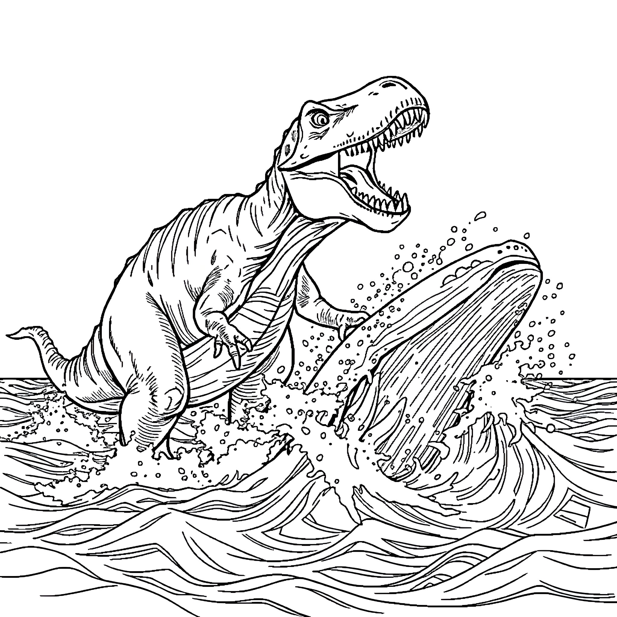 Dinosaur swimming in the ocean waves Coloring Page (free black-and-white line drawing printable PDF for all, from beginners to advanced learners, including children, teens, adults, and seniors)