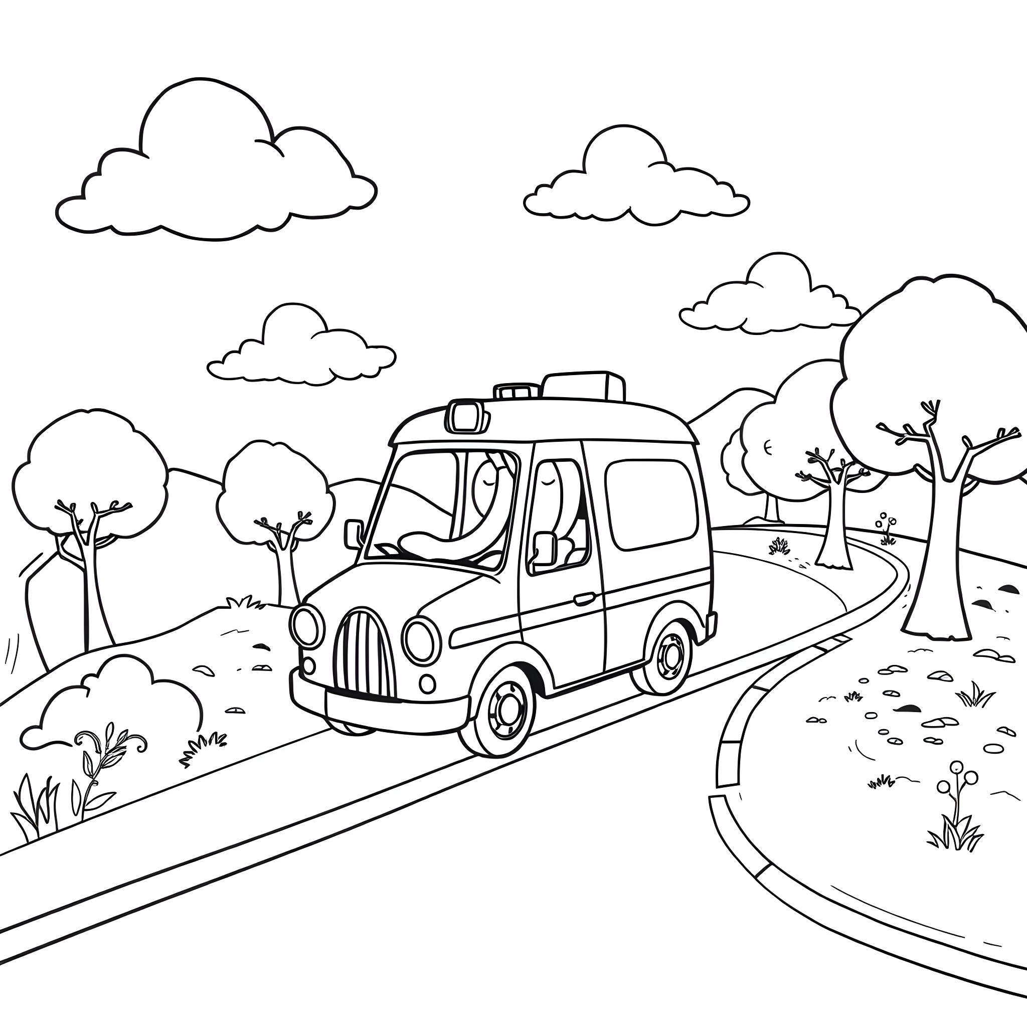 Banana-shaped car driving on countryside road Coloring Page (free black-and-white line drawing printable PDF for all, from beginners to advanced learners, including children, teens, adults, and seniors)