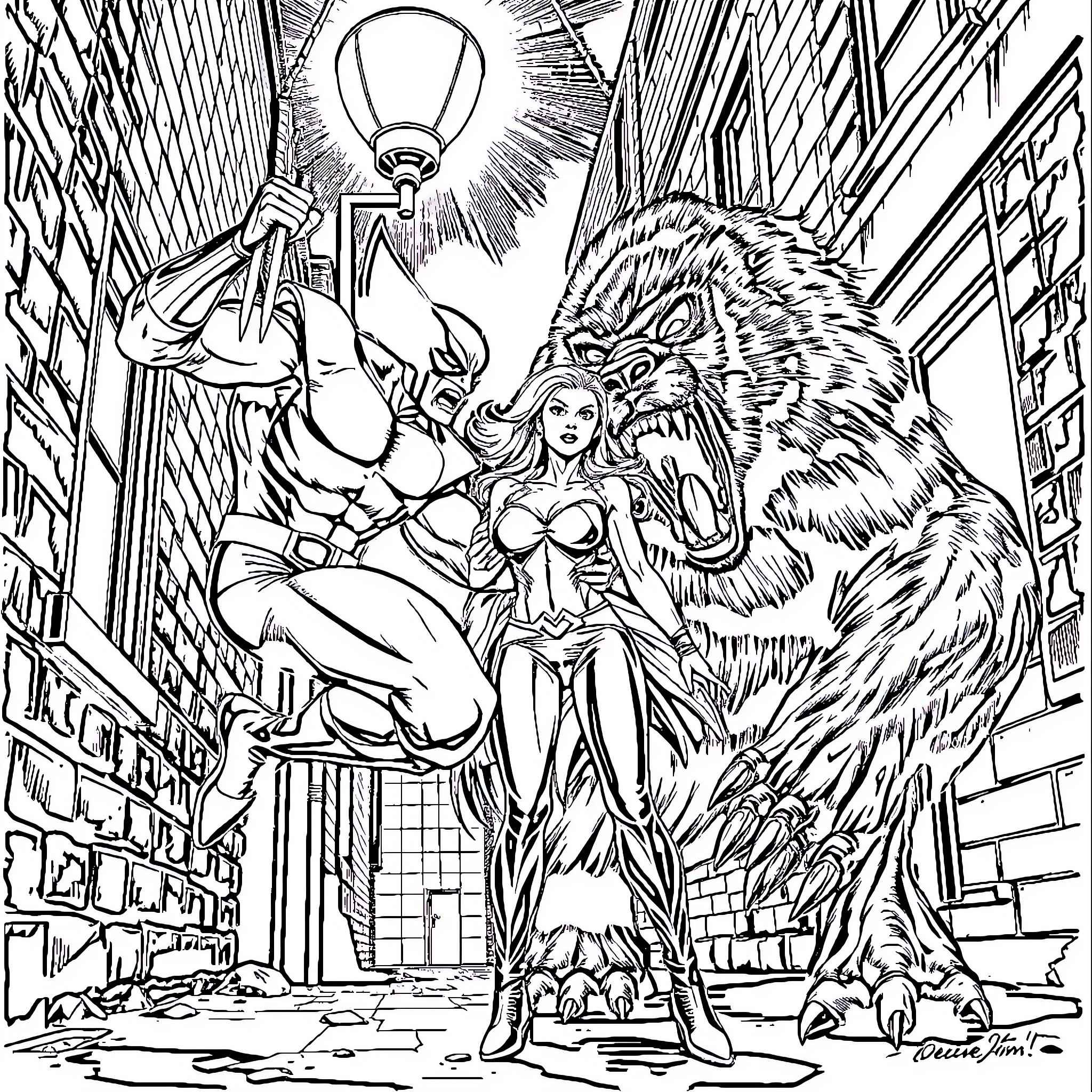 Wolverine Battles Fierce Creature in Urban Alley Coloring Page (free black-and-white line drawing printable PDF for all, from beginners to advanced learners, including children, teens, adults, and seniors)