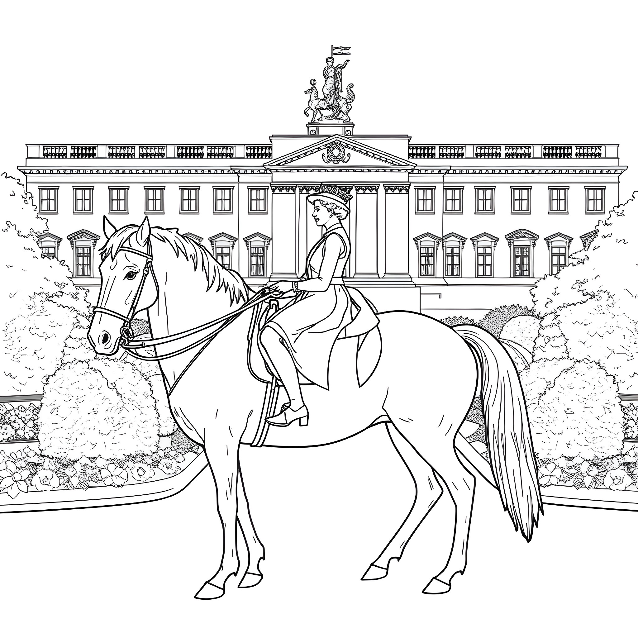 Queen on Horseback in Front of Palace Coloring Page (free black-and-white line drawing printable PDF for all, from beginners to advanced learners, including children, teens, adults, and seniors)
