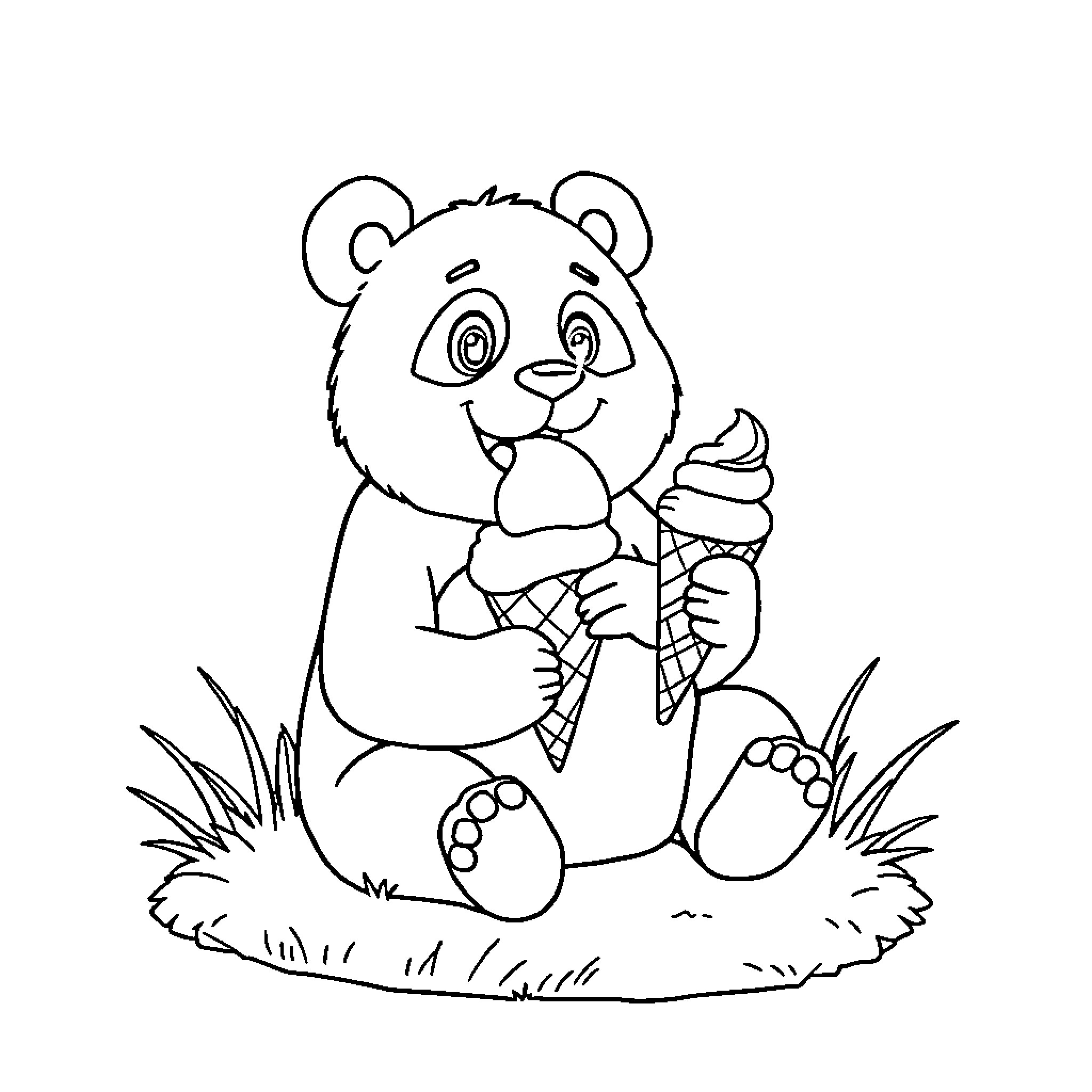 Panda enjoying an ice cream cone in the grass Coloring Page (free black-and-white line drawing printable PDF for all, from beginners to advanced learners, including children, teens, adults, and seniors)