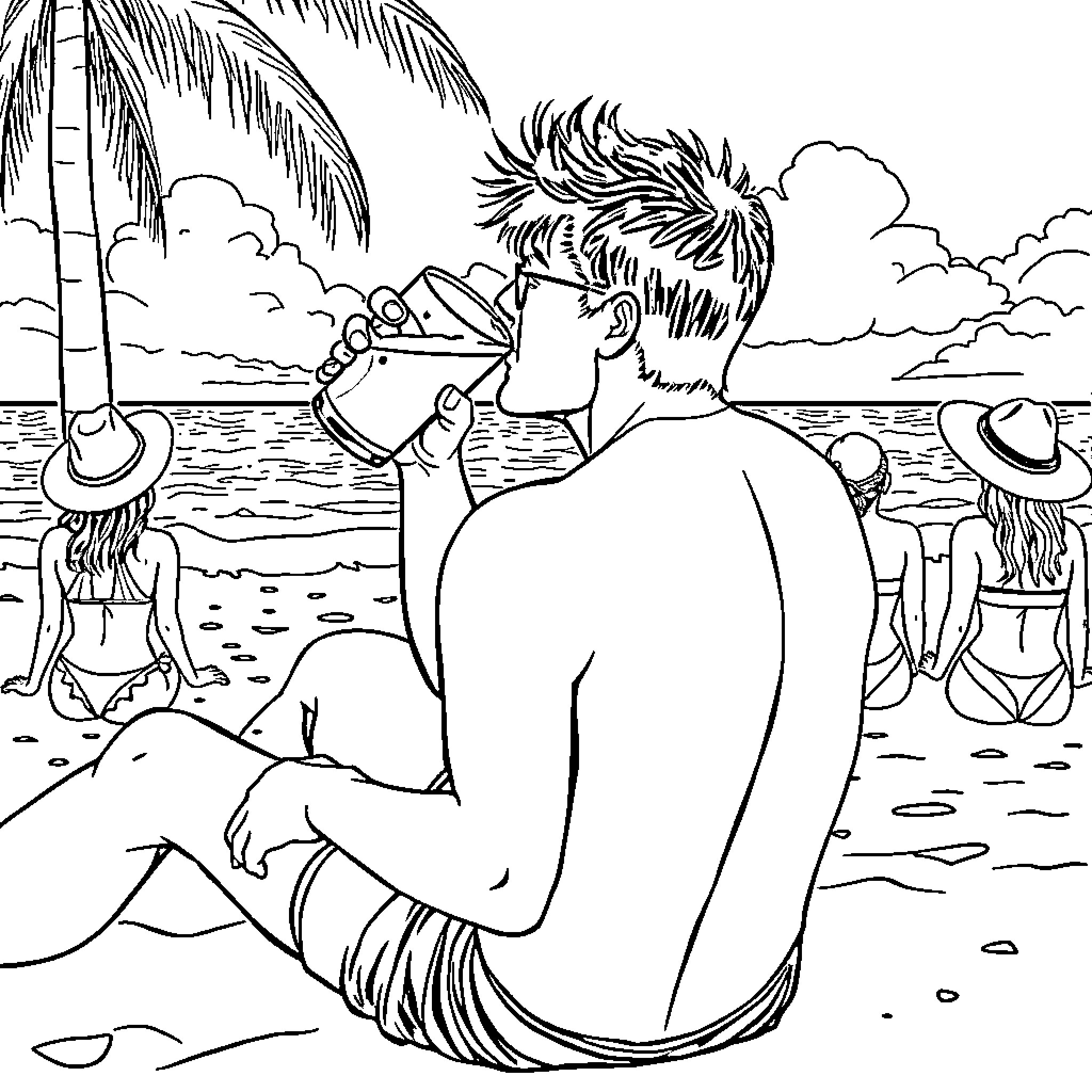Man enjoying relaxing day at the beach Coloring Page (free black-and-white line drawing printable PDF for all, from beginners to advanced learners, including children, teens, adults, and seniors)