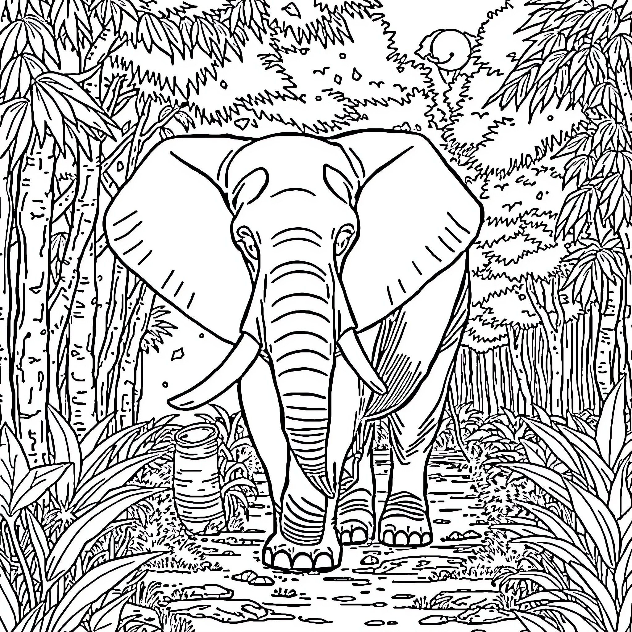 Elephant walking through the lush jungle Coloring Page (free black-and-white line drawing printable PDF for all, from beginners to advanced learners, including children, teens, adults, and seniors)