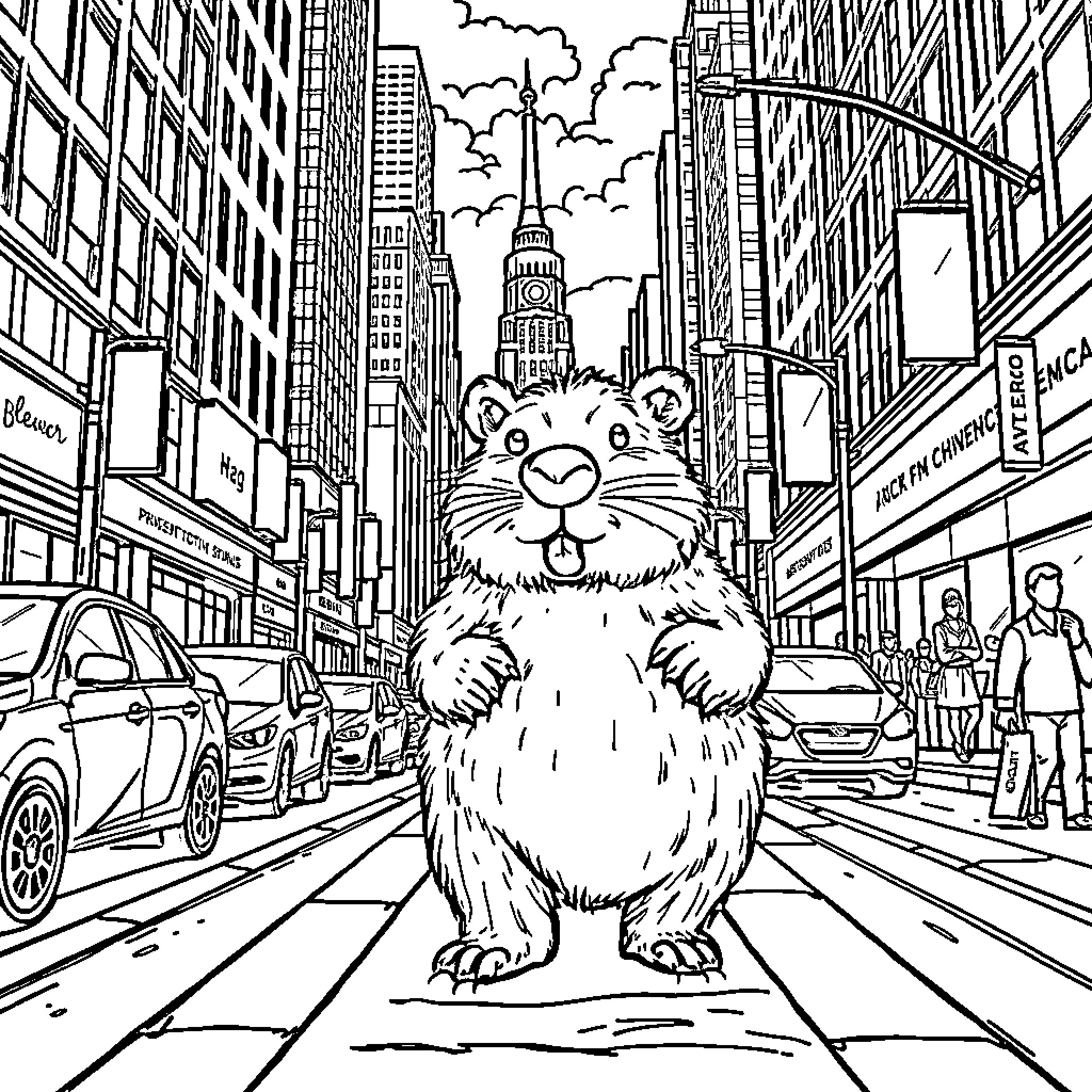 Beaver Exploring the Bustling City Streets Coloring Page (free black-and-white line drawing printable PDF for all, from beginners to advanced learners, including children, teens, adults, and seniors)