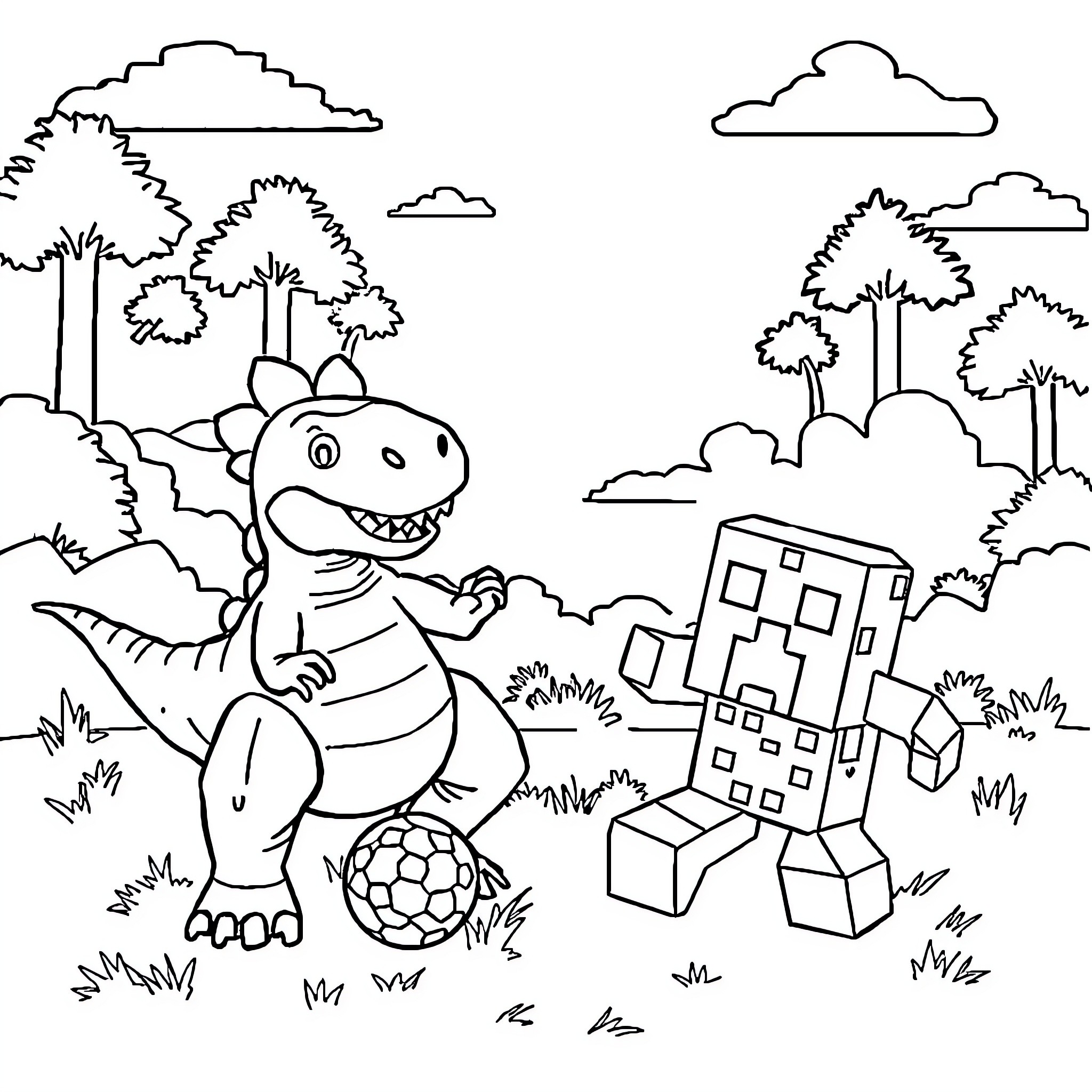 Dinosaur playing with toys in the nature Coloring Page (free black-and-white line drawing printable PDF for all, from beginners to advanced learners, including children, teens, adults, and seniors)