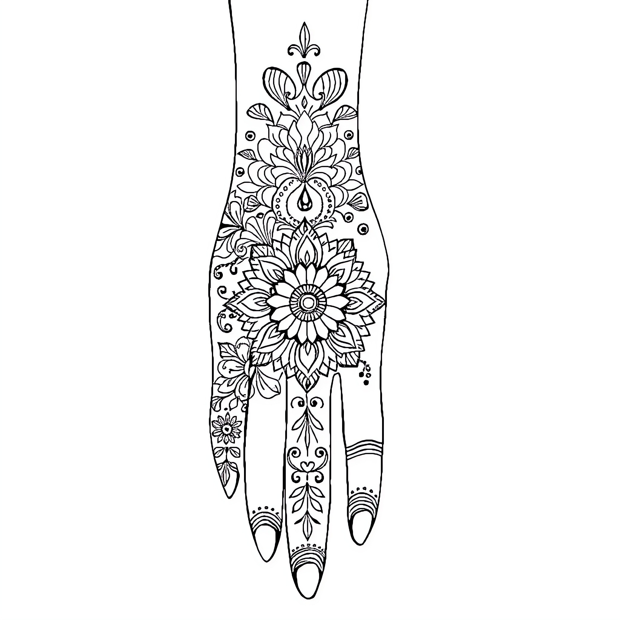 Mehndi Floral Adornment on Hand Coloring Page (free black-and-white line drawing printable PDF for all, from beginners to advanced learners, including children, teens, adults, and seniors)