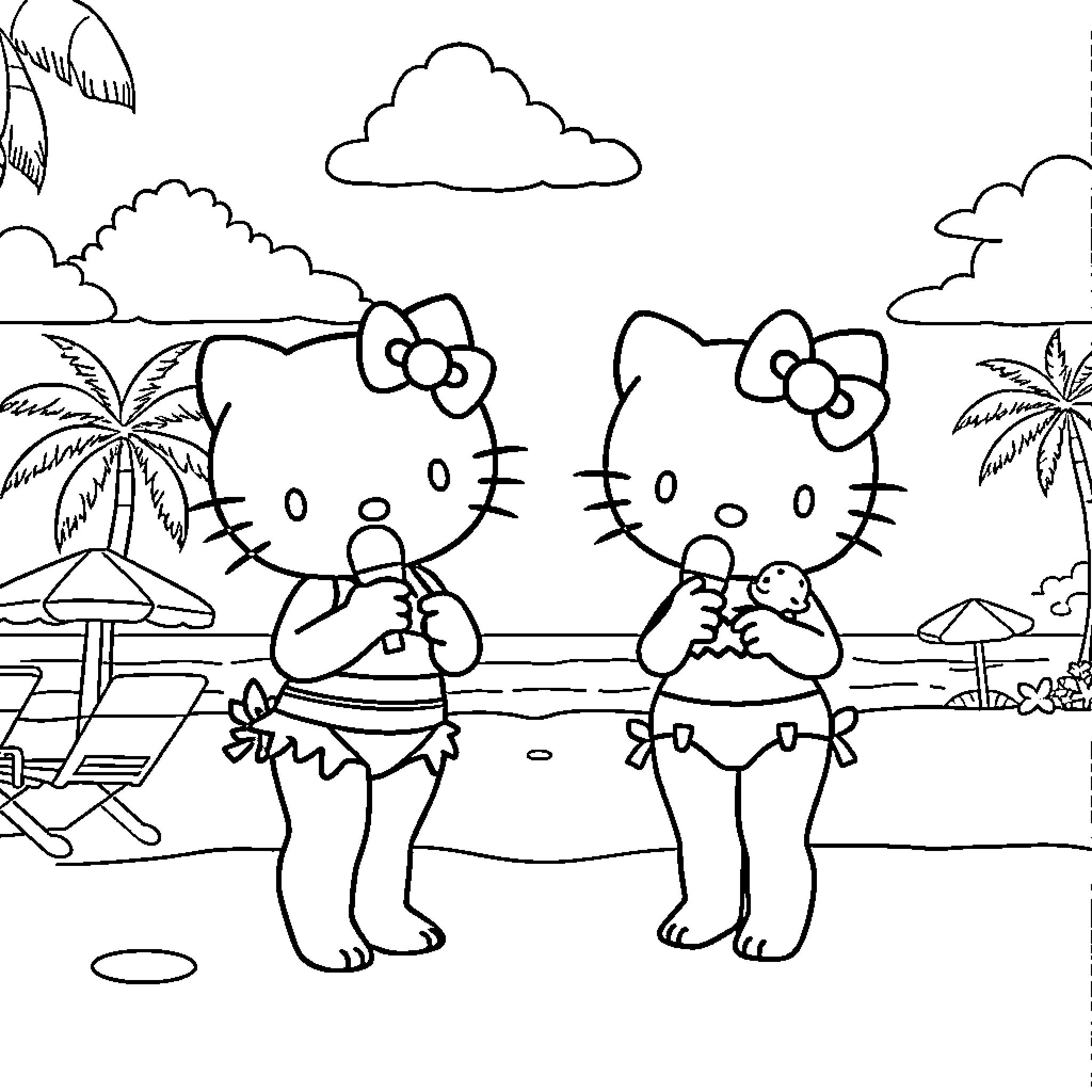 Hello Kitty friends enjoy a day at the beach Coloring Page (free black-and-white line drawing printable PDF for all, from beginners to advanced learners, including children, teens, adults, and seniors)
