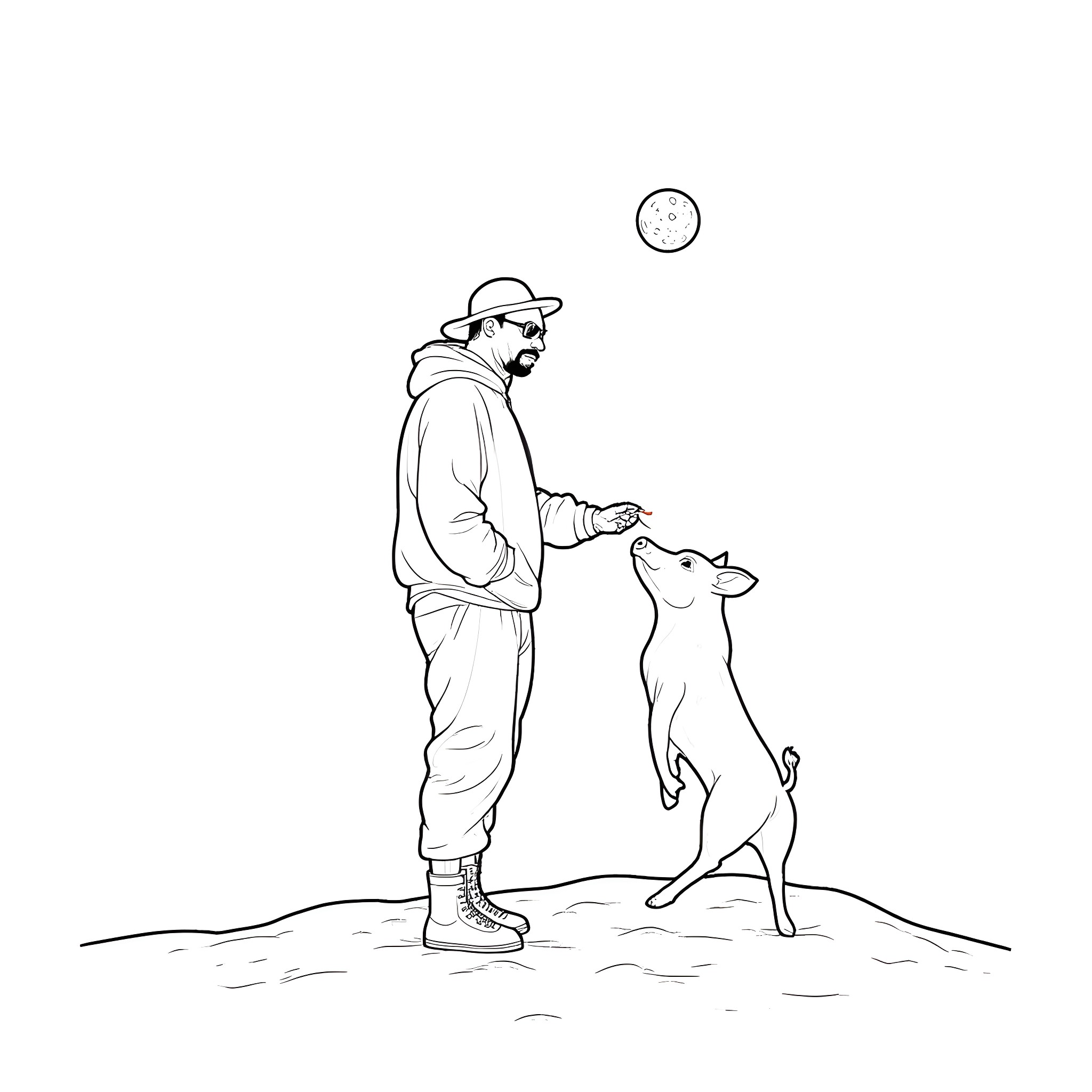 Snoop Dogg plays with his dog under the moon Coloring Page (free black-and-white line drawing printable PDF for all, from beginners to advanced learners, including children, teens, adults, and seniors)